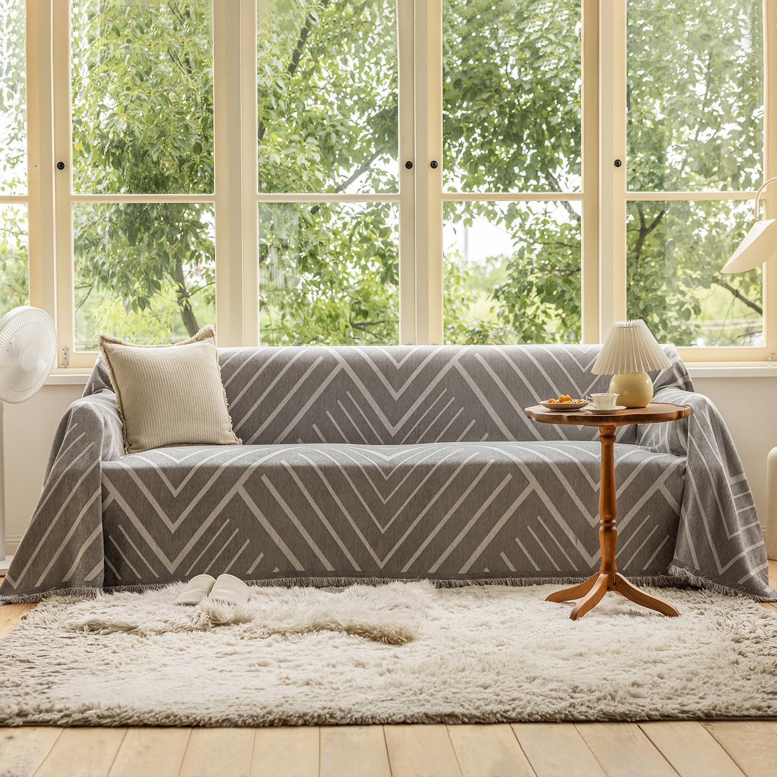 VClife Boho Couch Cover, Washable Sofa Cover for Dog, Non Slip Couch Covers for 3 Cushion Couch, Modern Khaki Creamy White Geometric Sofa Slipcovers Multi-Functional Furniture Protector 71'' x 134''