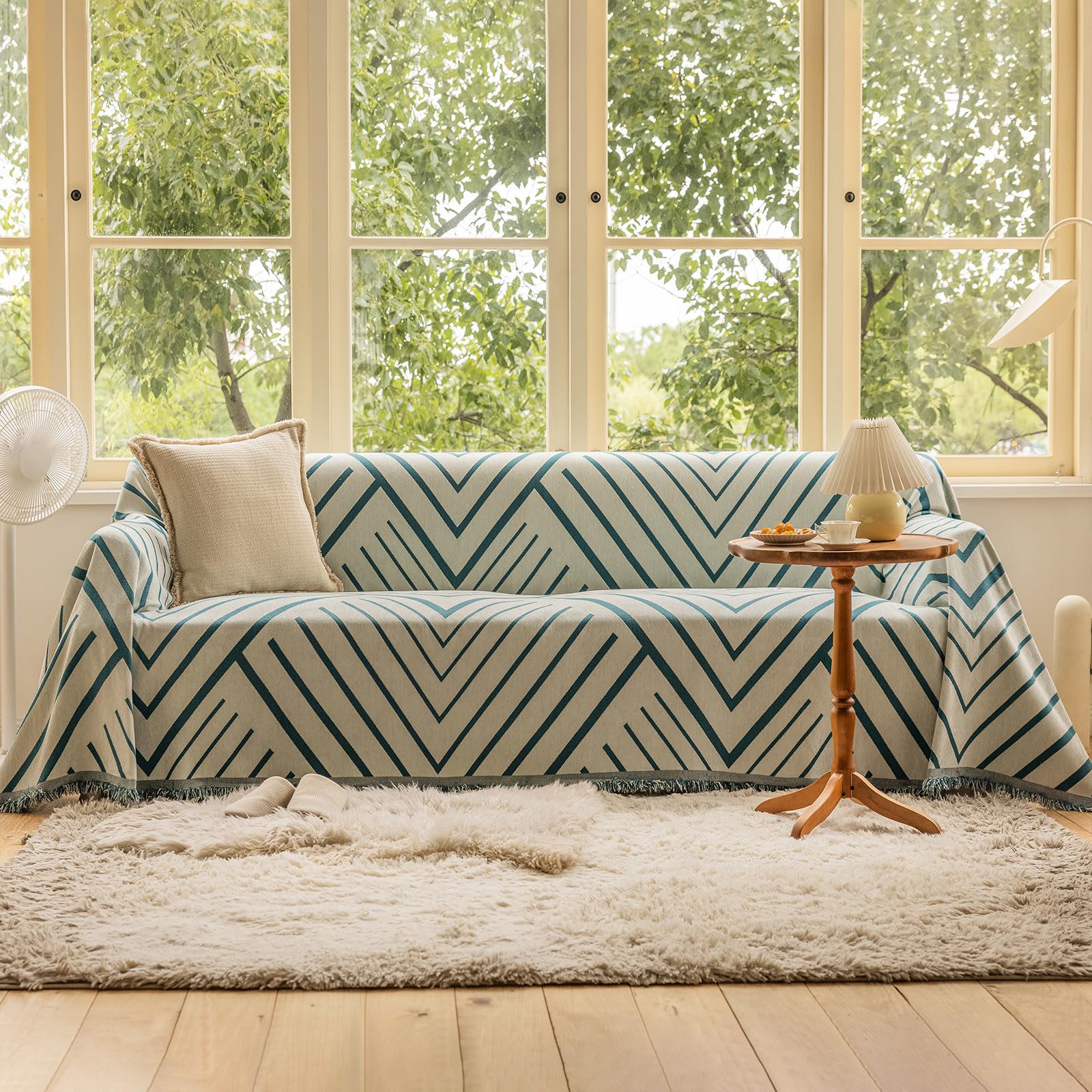 VClife Boho Couch Cover, Washable Sofa Cover for Dog, Non Slip Couch Covers for 3 Cushion Couch, Modern Khaki Creamy White Geometric Sofa Slipcovers Multi-Functional Furniture Protector 71'' x 134''