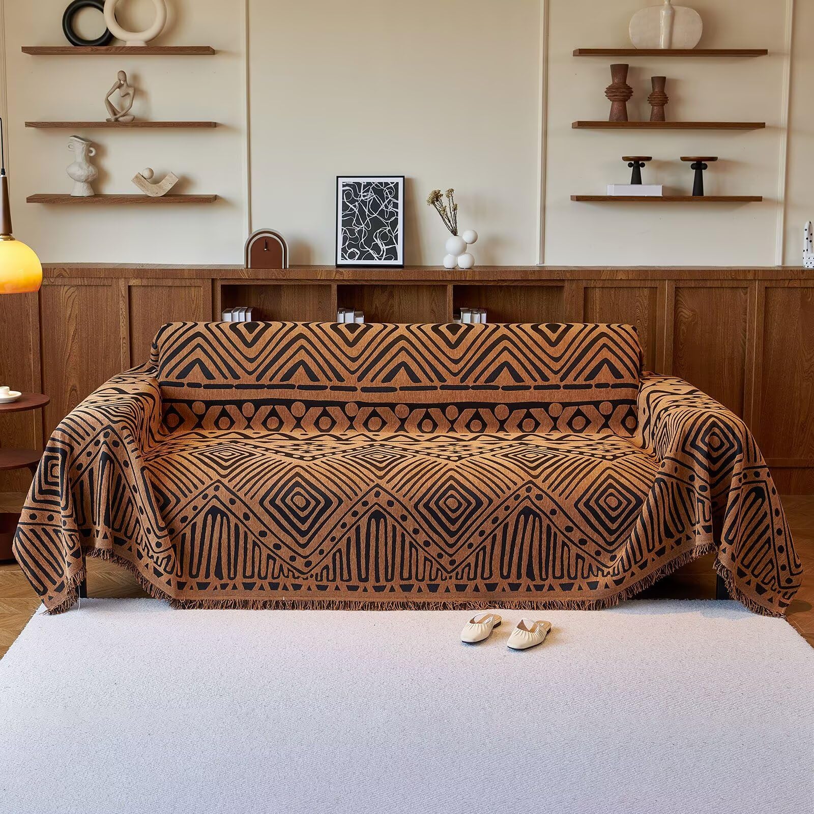 VClife Boho Couch Cover Blue Geometric Jacquard Pattern Sofa Cover, 1 Piece Large Couch Covers for 3 Cushion Couch Sofa Washable Plush Chenille Sofa Protector for Living Room, 71x134 Inch