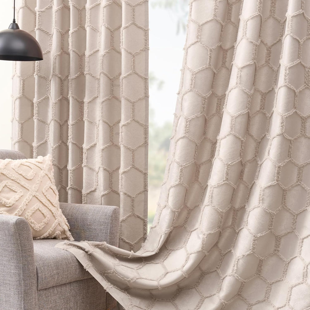 Taupe Geometric Curtains 84 Inches Long 2 Panels Jacquard Fluffy Hexagon Tufted Curtains Rod Pocket Back Tab Light Filtering Semi Sheer Privacy Decor Lattice Drapes for Bedroom Living Room, 52x84