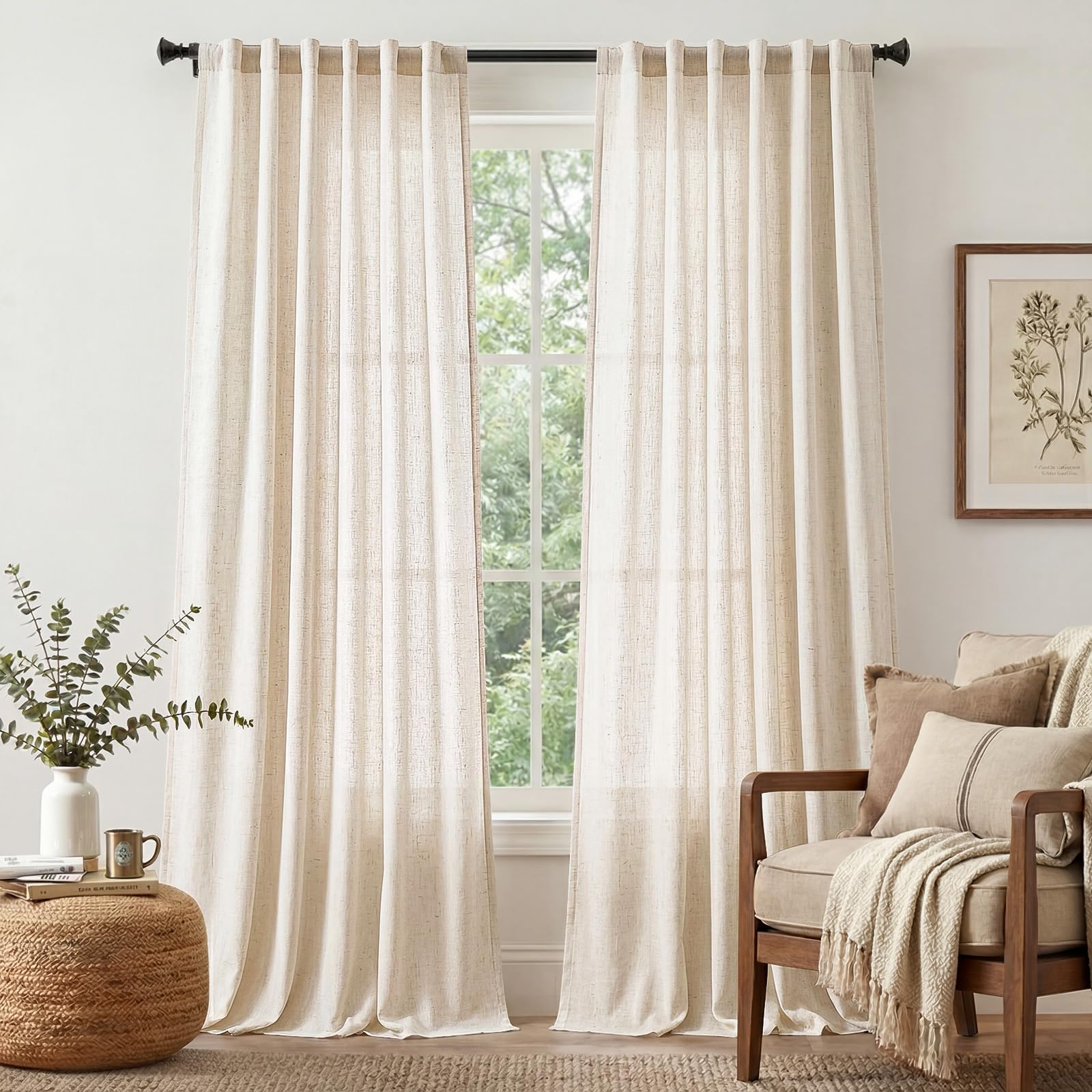 Linen Curtains for Living Room Bedroom 84 Inches Long Thick Linen Textured Beige Curtains Light Filtering Natural Semi Sheer Farmhouse Window Drapes, Country Rustic Drapes 2 Panels Back Tab/Rod Pocket
