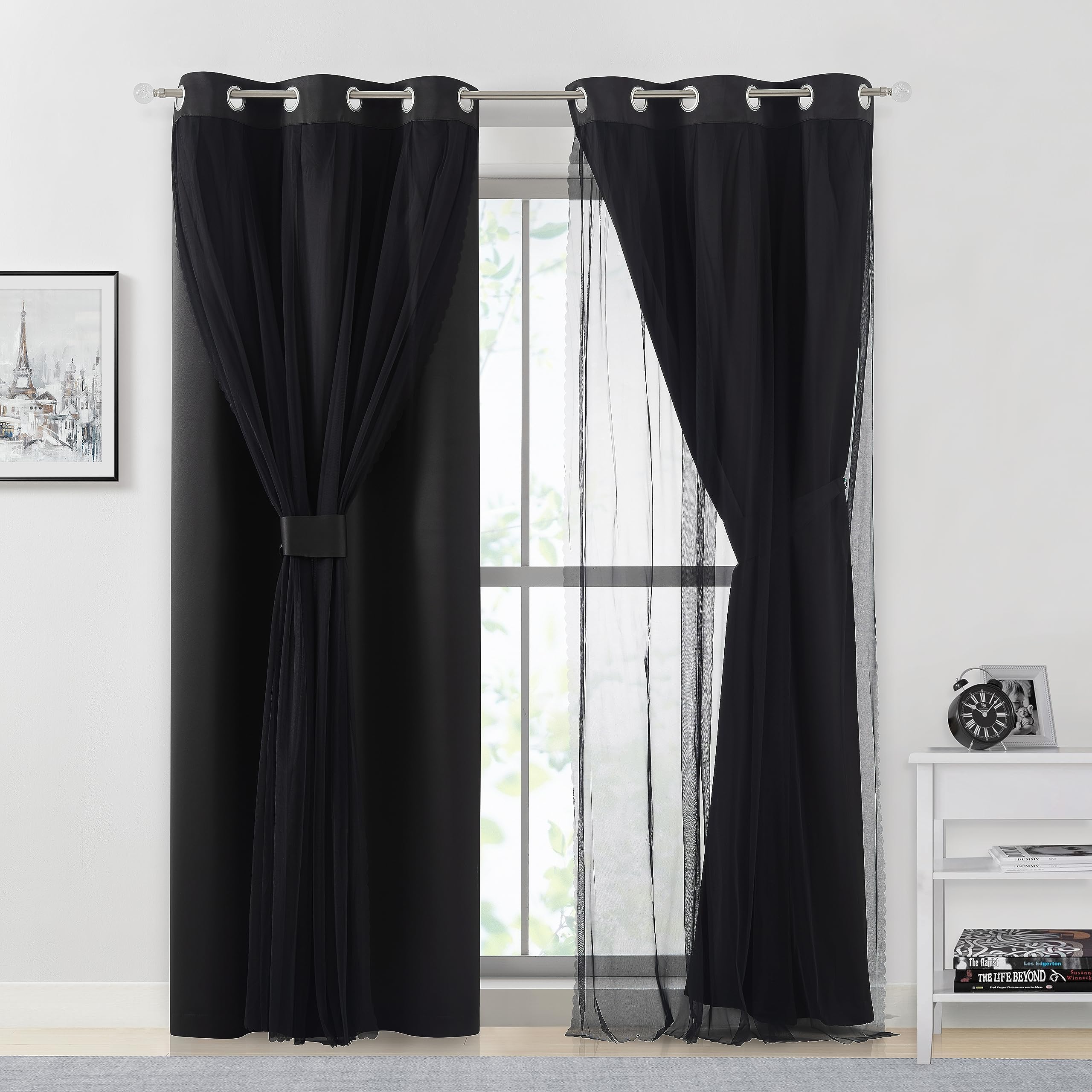Bujasso Beige 90% Blackout Curtains with Sheer Overlay Mix and Match Double Layer Thermal Insulated Window Panels 84 inch for Living Room Bedroom Beige Drapes with Tiebacks Grommet Top 37" Wx84 Lx2