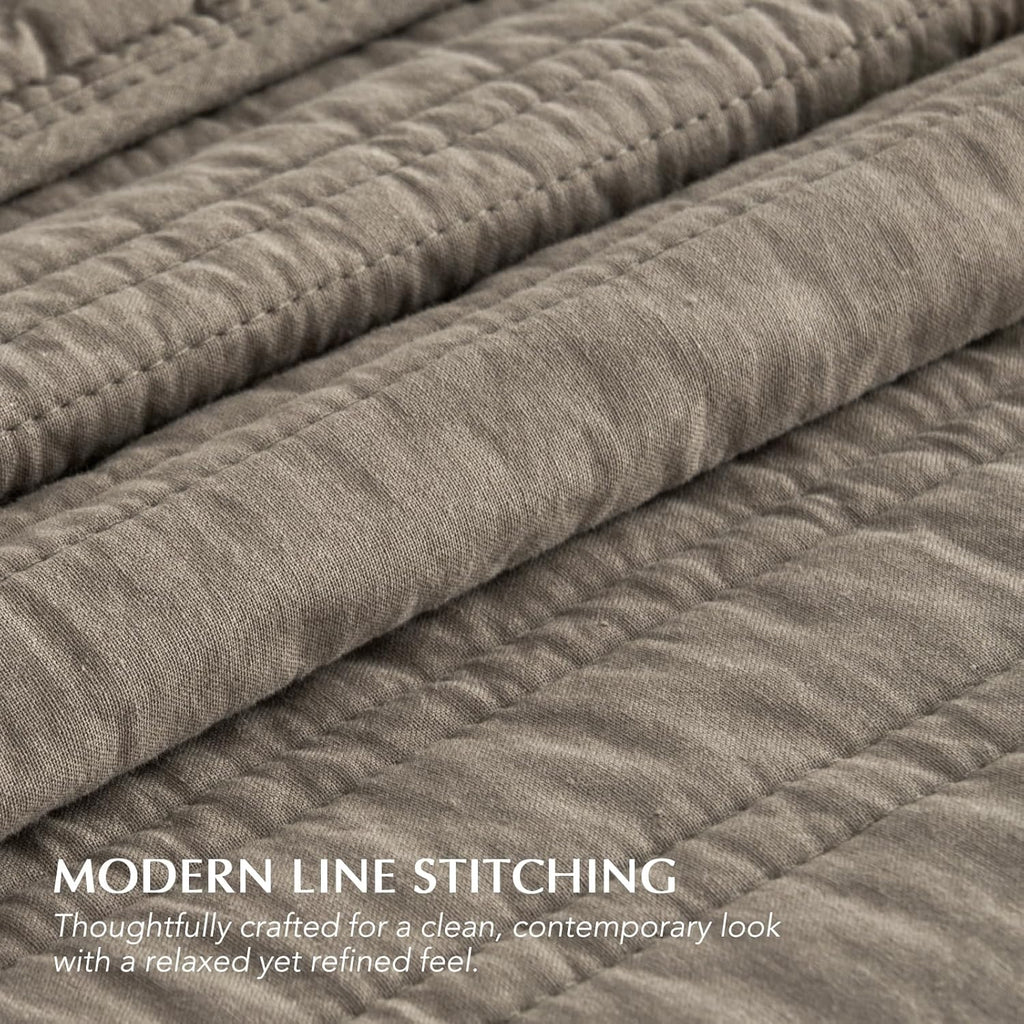 EVERGRACEHOME 100% Cotton Modern Lines Quilt Set Queen Size, Pre-Washed Soft Striped Coverlet Bedspread, 3 Piece Lightweight Bedding Set for All Season, with 2 Pillow Shams, Stone Taupe