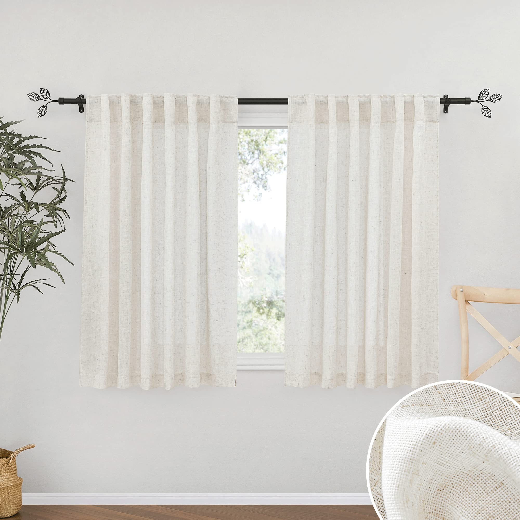 RYB HOME Semi Sheer Curtains - Linen Blend Privacy Curtains Sheer Window Treatment Drapes Farmhouse Decor for Bedroom Living Room Sliding Glass Door, 52 inch Wide x 95 inch Long 2 Panels, Linen