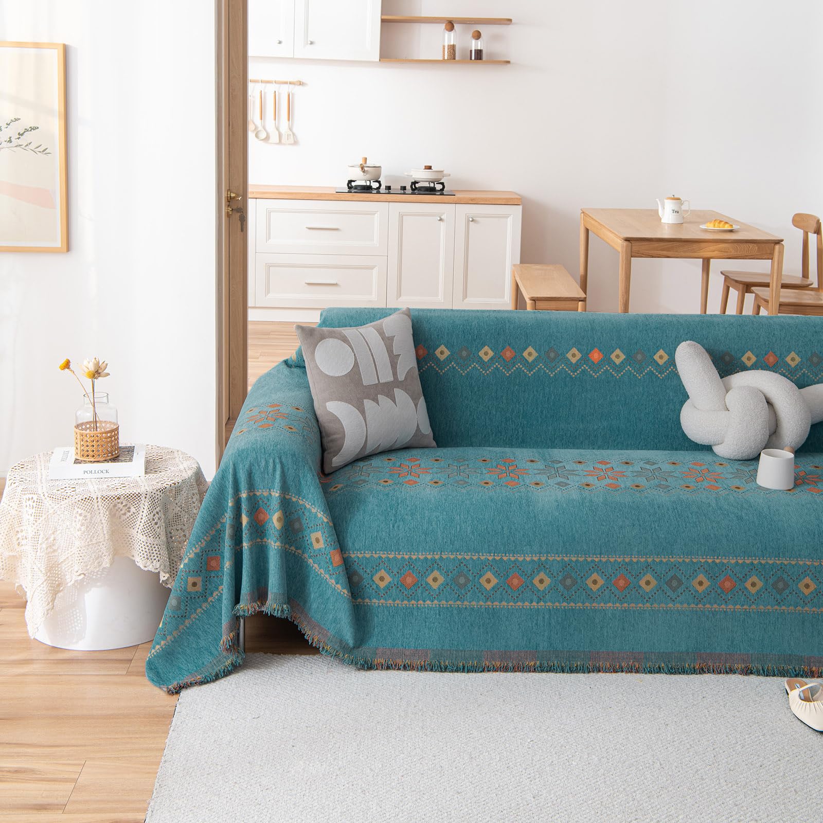 VClife Boho Couch Cover Blue Geometric Jacquard Pattern Sofa Cover, 1 Piece Large Couch Covers for 3 Cushion Couch Sofa Washable Plush Chenille Sofa Protector for Living Room, 71x134 Inch