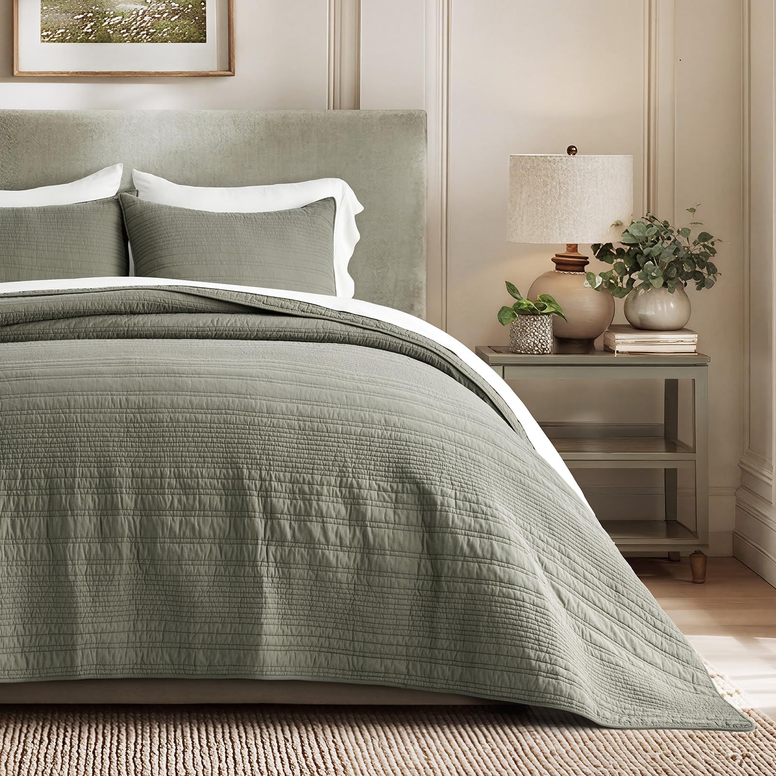 EVERGRACEHOME 100% Cotton Modern Lines Quilt Set Queen Size, Pre-Washed Soft Striped Coverlet Bedspread, 3 Piece Lightweight Bedding Set for All Season, with 2 Pillow Shams, Stone Taupe