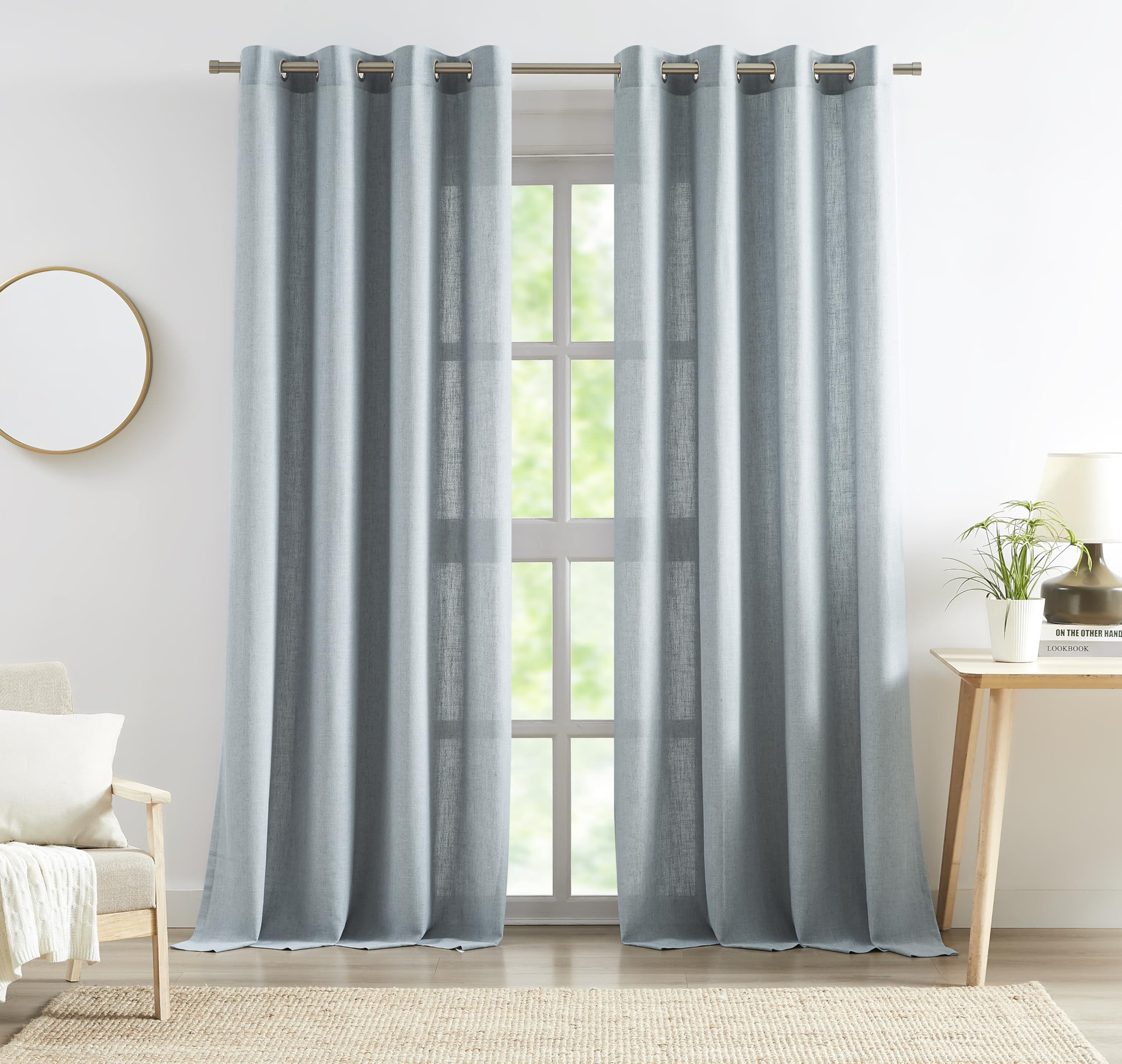 2 Panels Soft Green Linen Blend Sheer Curtains 58"x95", Grommet Light Filtering Drapes