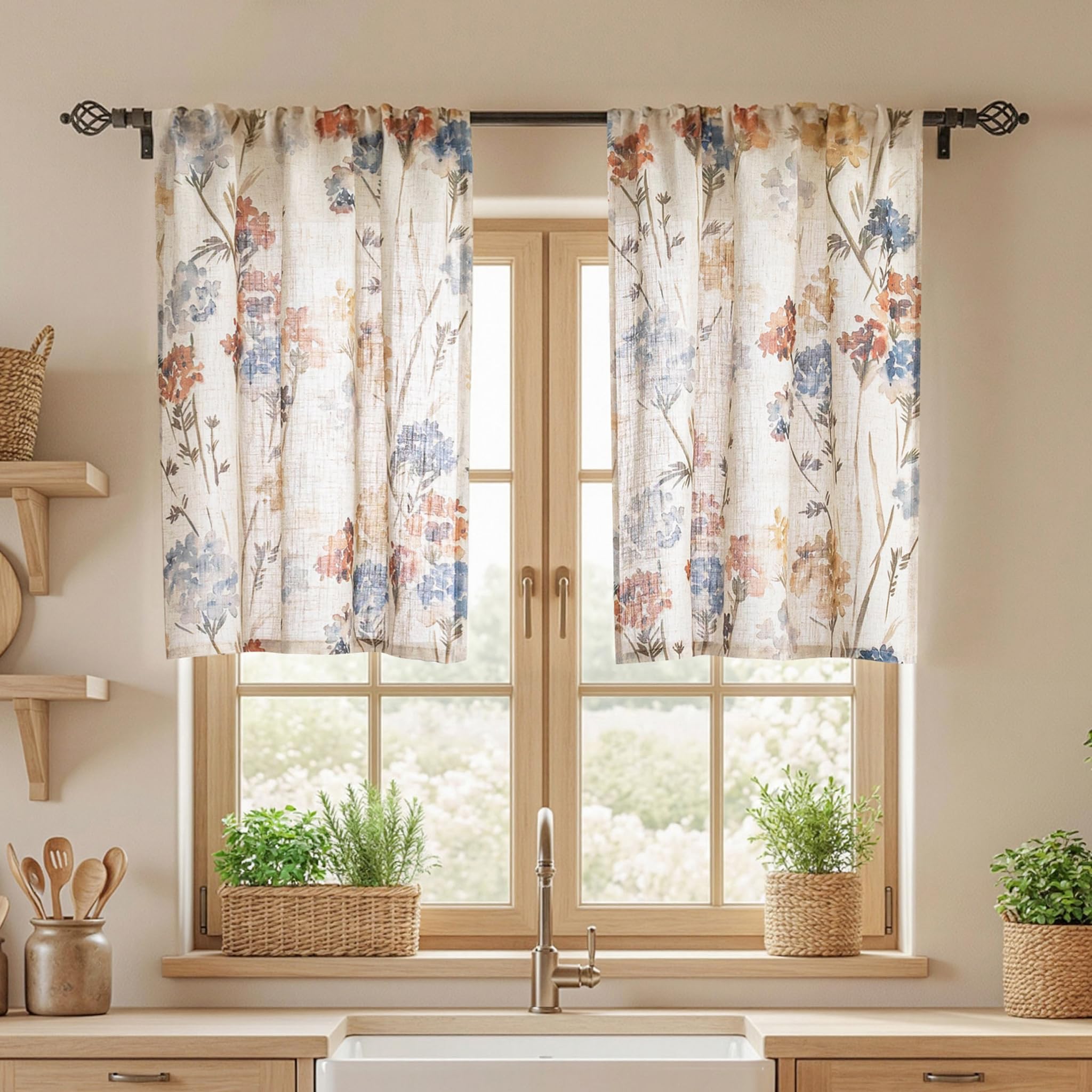MYSKY HOME Floral Curtains for Living Room Linen Look Semi Sheer Vertical Light Filtering Privacy Drapes Decor Farmhouse Style Texture for Bedroom Dining Room, Brown, W52 x L84, Pack-2