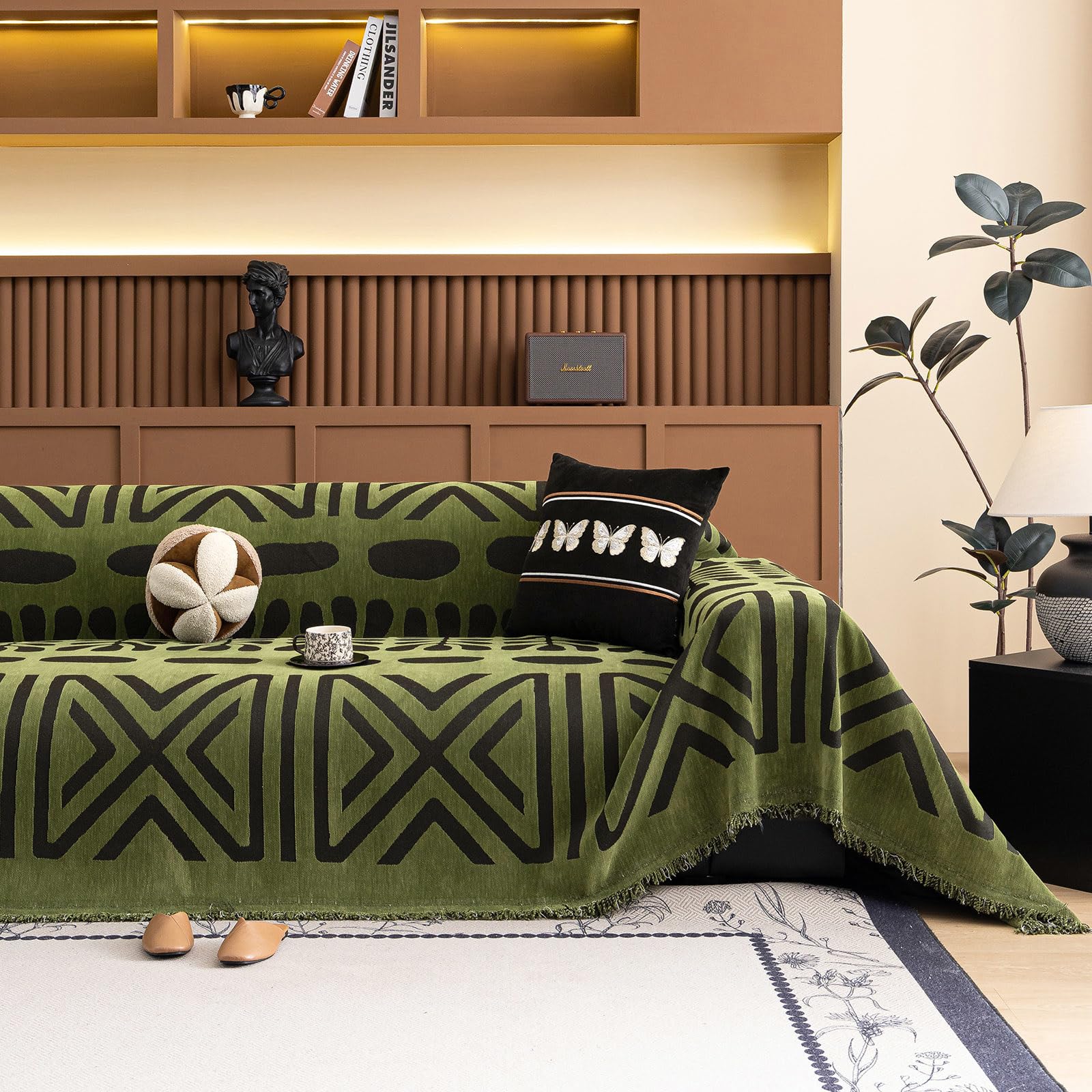 VClife Boho Couch Cover Blue Geometric Jacquard Pattern Sofa Cover, 1 Piece Large Couch Covers for 3 Cushion Couch Sofa Washable Plush Chenille Sofa Protector for Living Room, 71x134 Inch
