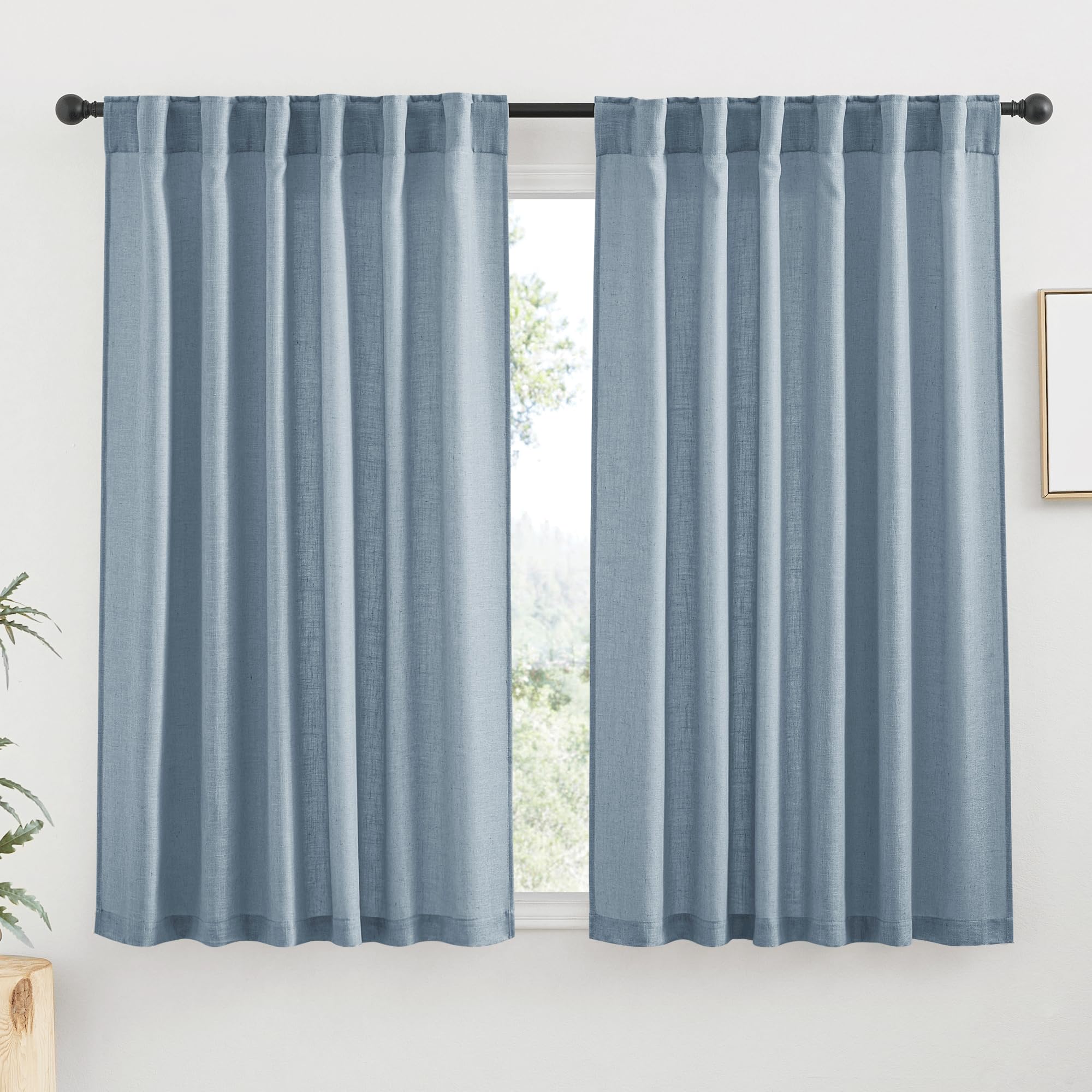 RYB HOME Semi Sheer Curtains - Linen Blend Privacy Curtains Sheer Window Treatment Drapes Farmhouse Decor for Bedroom Living Room Sliding Glass Door, 52 inch Wide x 95 inch Long 2 Panels, Linen