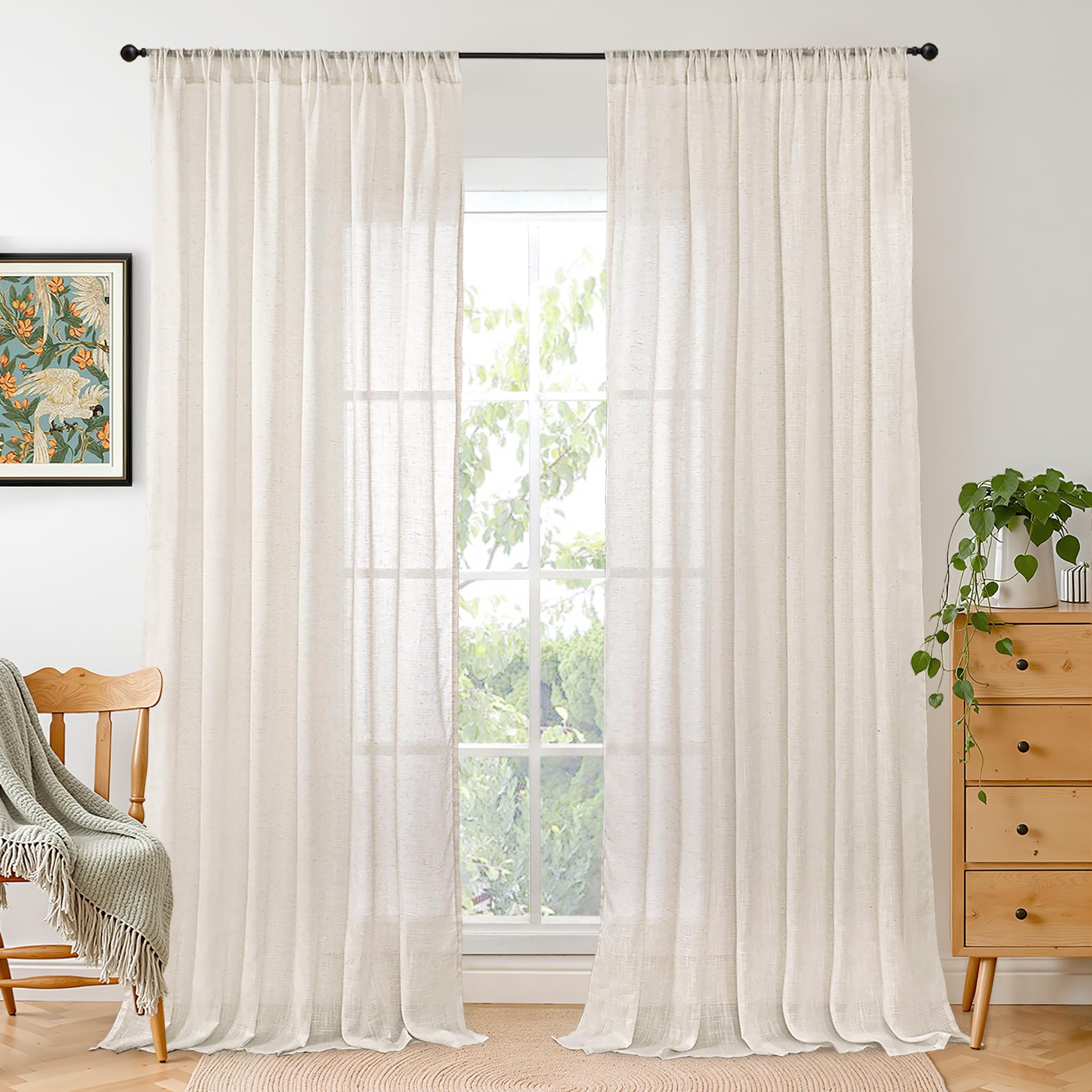 BGment 80 Inches Long Natural Linen Curtains 2 Panels Set - Burlap Light Filtering Window Drapes with Rod Pocket Semi Sheer for Farmhouse Bedroom Decor Rustic, 52 Inch Wide Each Panel