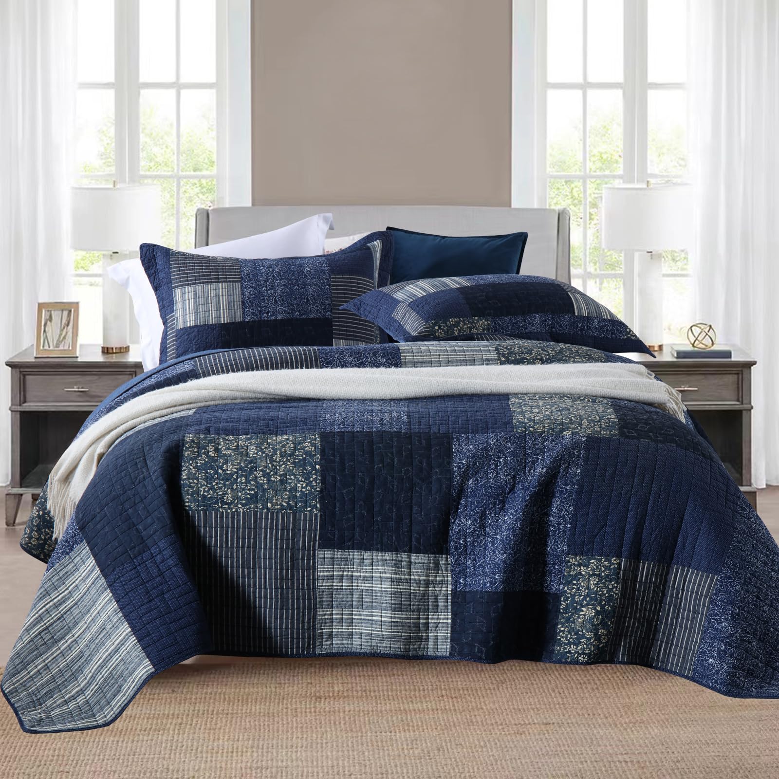 Yvooxny Quilts Queen Size Reversible Lightweight Bedspread 3-Piece Quilt Set Plaid Floral Patchwork 100% Cotton Queen Quilt Set Bedding Set with Pillow Shams for All Seasons, Azure Blue, 90x98''