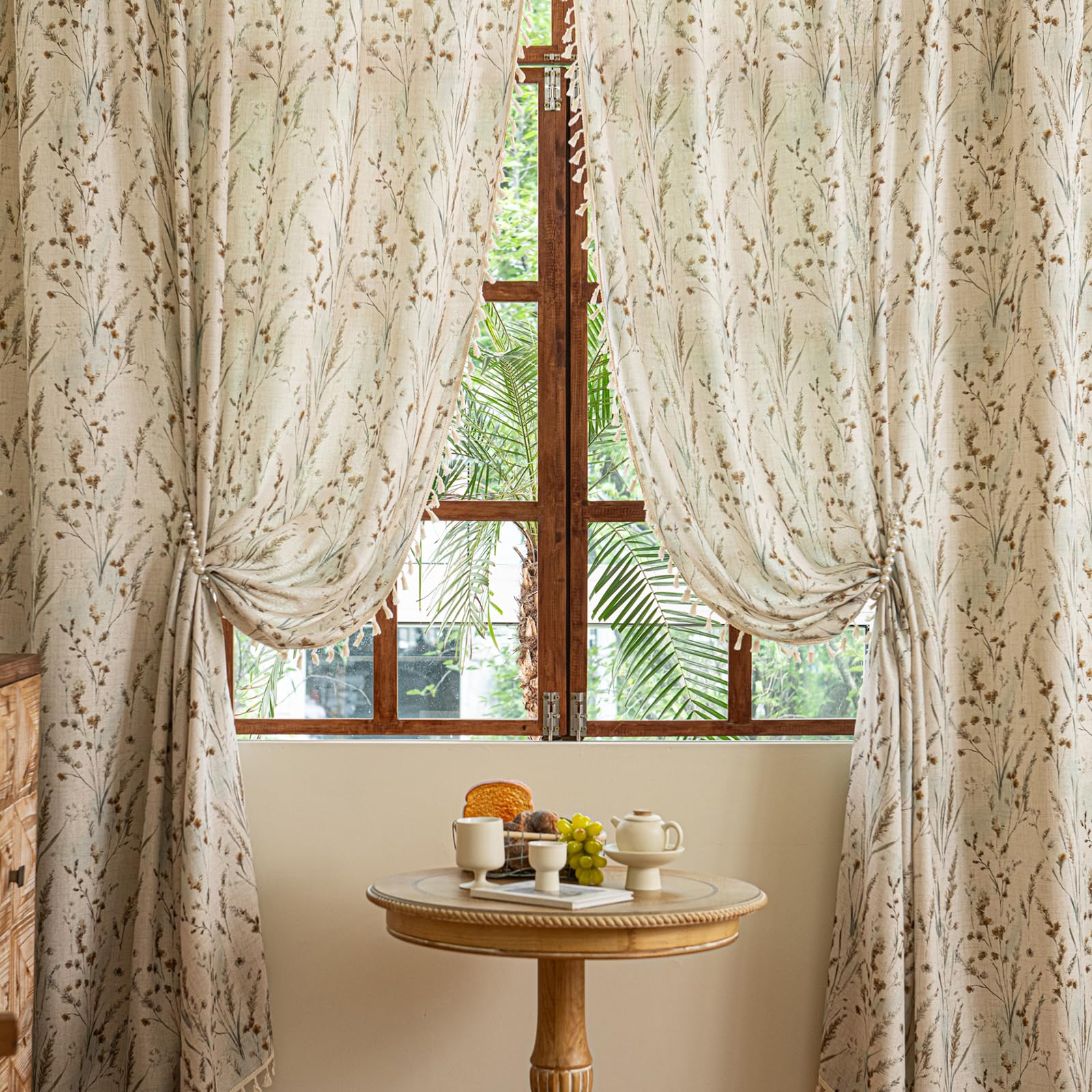 Green Boho Floral Curtains 84", 2 Panels Cotton Linen Semi-Blackout Drapes with Tassel