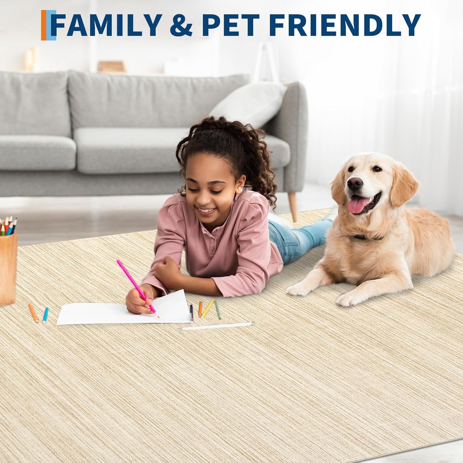 COZYLOOM 8x10 Rugs for Living Room Machine Washable Rug with Non Slip Backing Solid Color Print Rug Satin Resistant Low Pile Contemporary Carpet Non Shedding Throw Mats for Bedroom Nursery, Camel