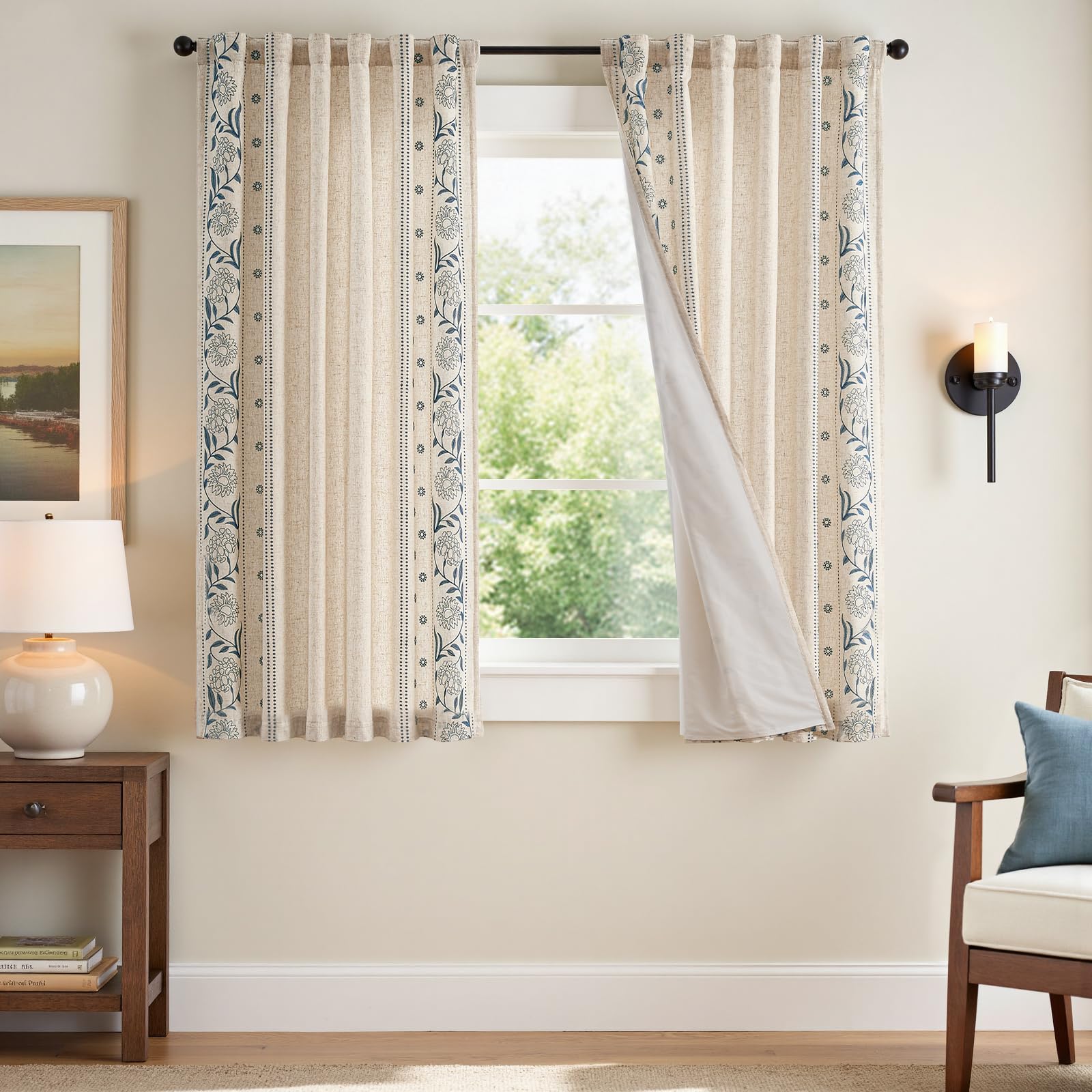 jinchan Winslow Linen Curtains for Bedroom 84 Inches Length Embroidered Bordered Floral Curtains for Living Room Farmhouse Decor Light Filtering Window Treatments Blue on Beige Drapes 2 Panels