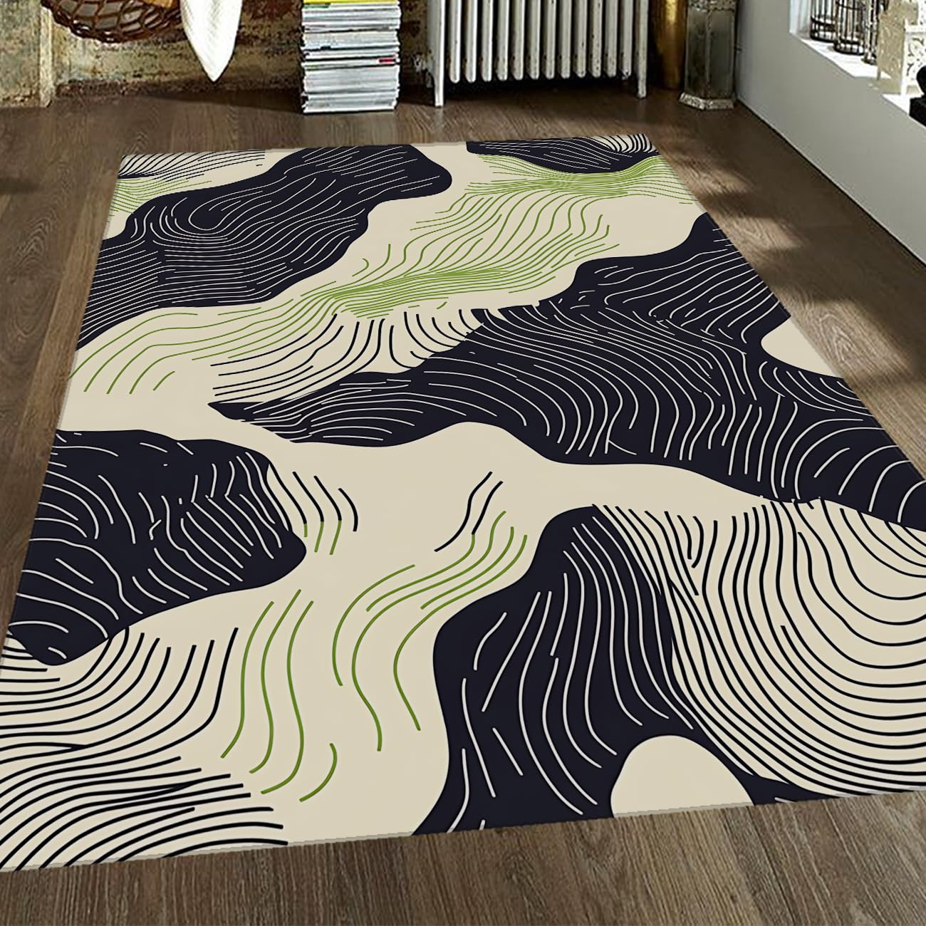 Abstract Line Area Rug 4×6ft, Foldable Stain Resistant Mat for Home & Office