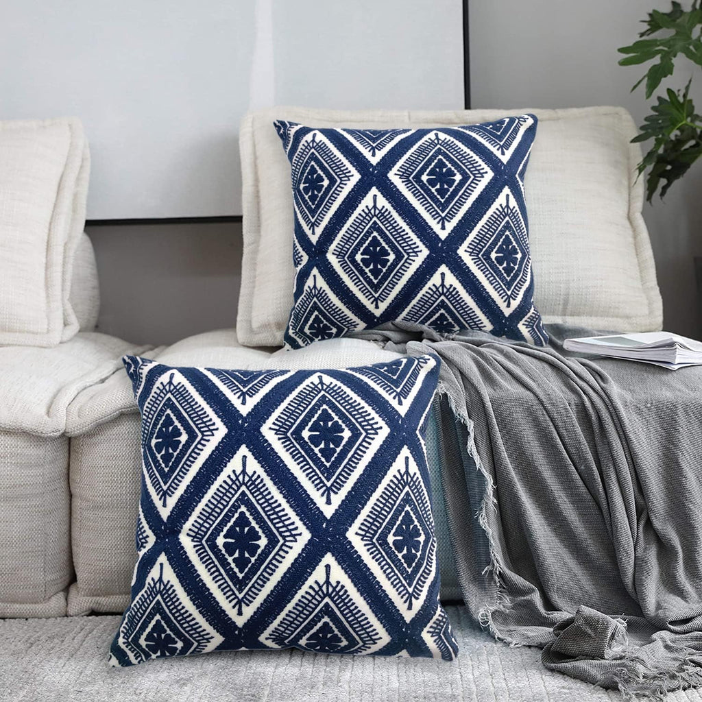 Navy Blue Boho Geometric Pillow Covers 18x18", Set of 2 Embroidered Cotton Cushion Cases