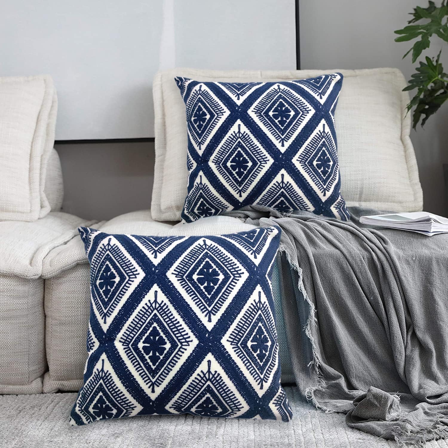 Navy Blue Boho Geometric Pillow Covers 18x18", Set of 2 Embroidered Cotton Cushion Cases