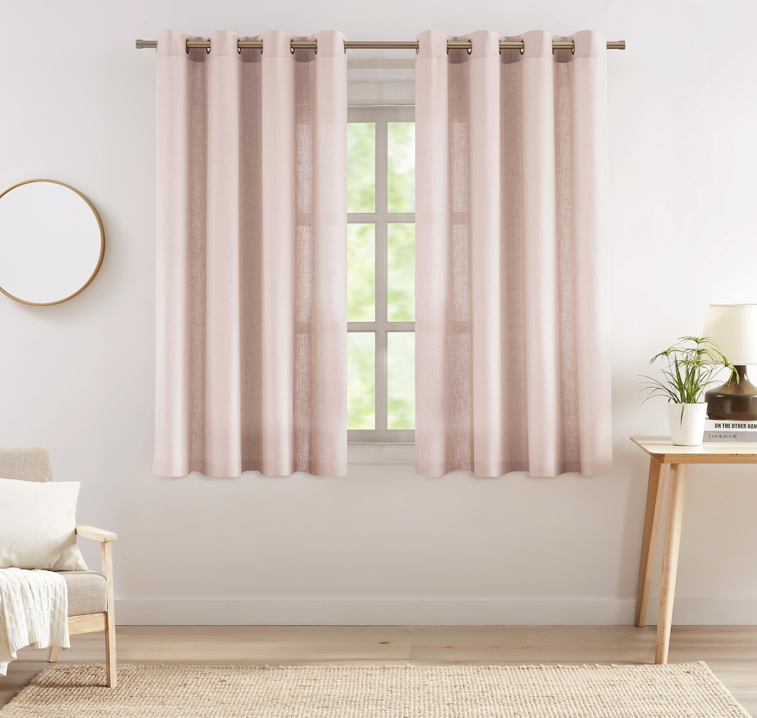 2 Panels Soft Green Linen Blend Sheer Curtains 58"x95", Grommet Light Filtering Drapes