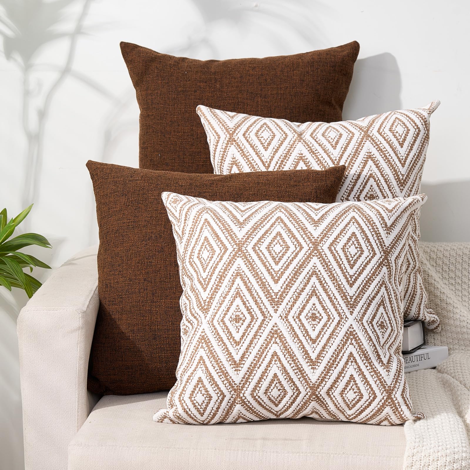 HPUK Decorative Throw Pillow Covers Set of 4 Geometric Design Linen Cushion Cover for Couch Sofa Living Room, 18"x18" inches, Chocolate