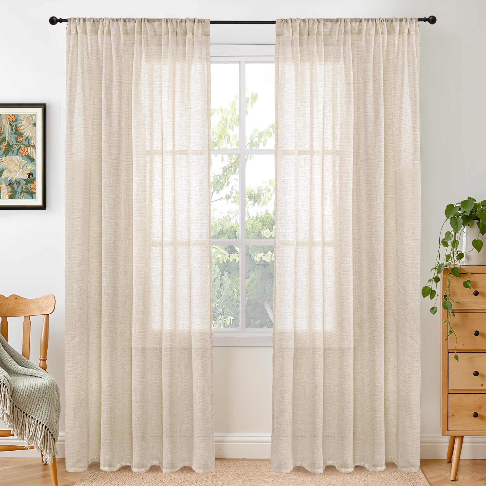 BGment 80 Inches Long Natural Linen Curtains 2 Panels Set - Burlap Light Filtering Window Drapes with Rod Pocket Semi Sheer for Farmhouse Bedroom Decor Rustic, 52 Inch Wide Each Panel
