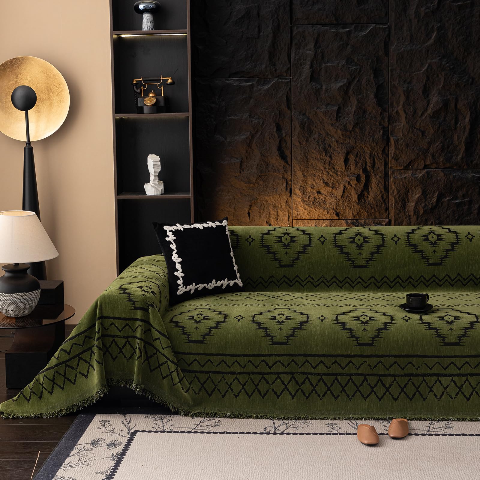 VClife Boho Couch Cover Blue Geometric Jacquard Pattern Sofa Cover, 1 Piece Large Couch Covers for 3 Cushion Couch Sofa Washable Plush Chenille Sofa Protector for Living Room, 71x134 Inch
