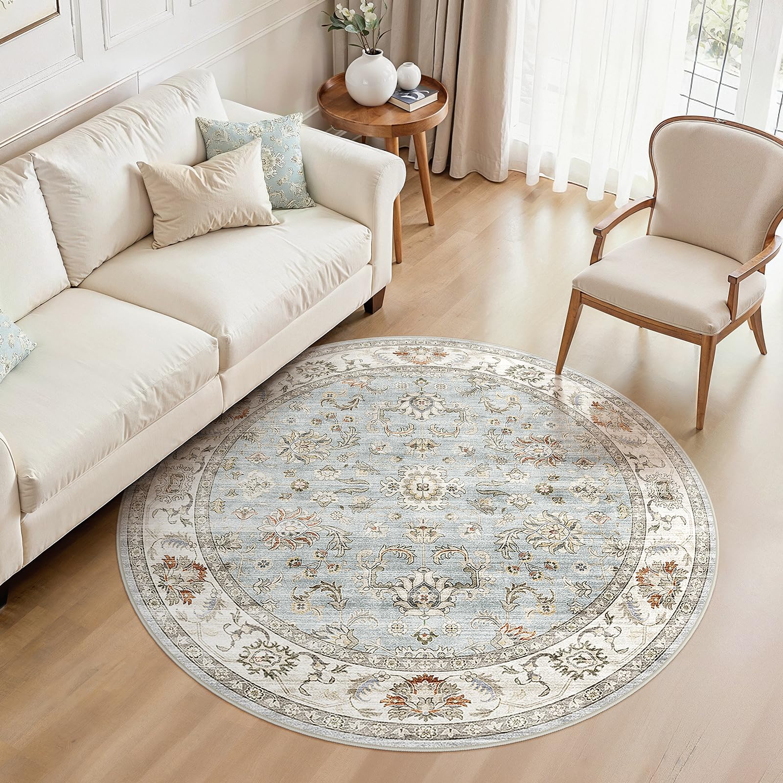 WITSHOCK 10x14 Area Rugs Living Room: Washable Large Neutral Vintage Soft Rug Stain Resistant Non-Slip Farmhouse Indoor Low Pile Floor Carpet for Bedroom Nursery Kids Office- Light Blue