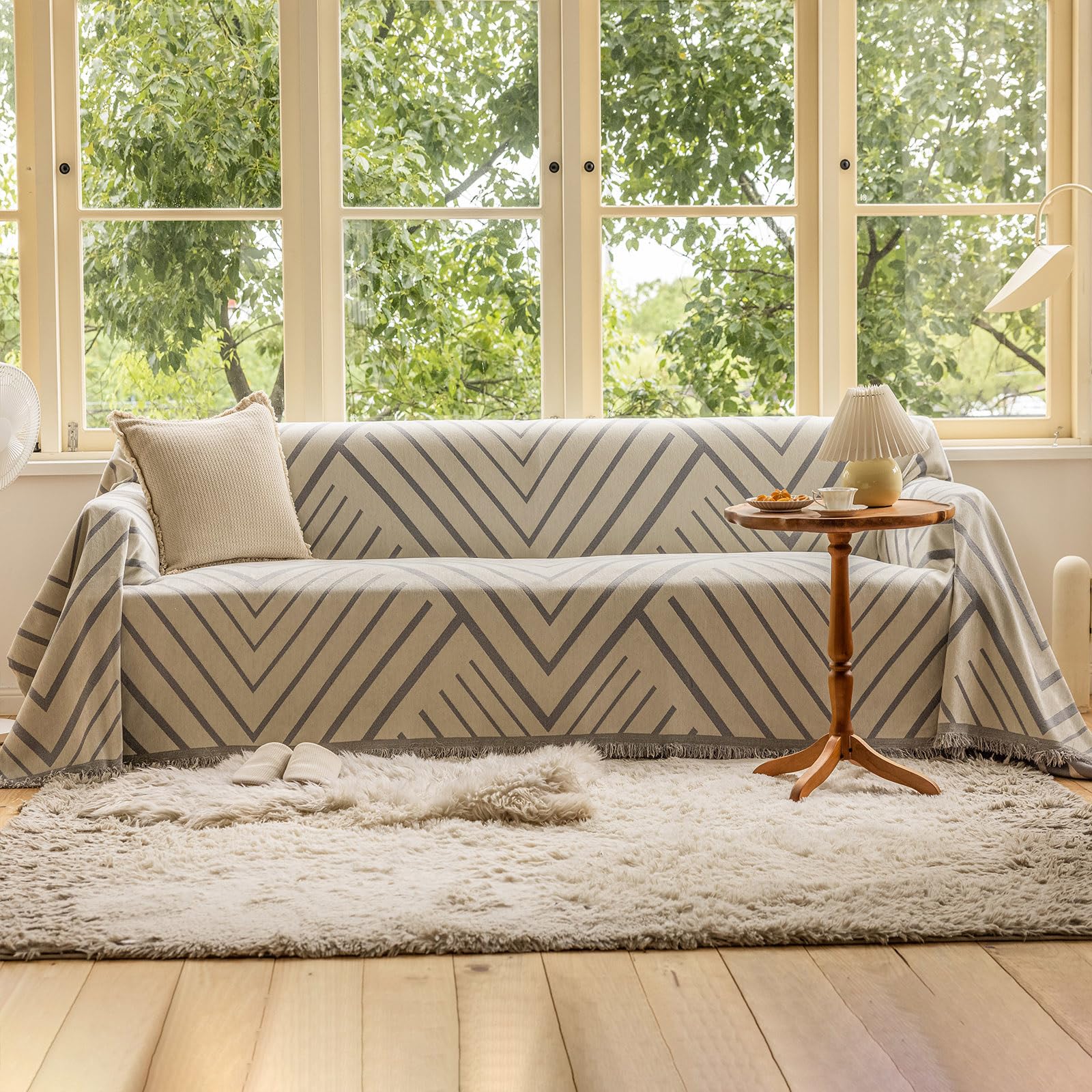 VClife Boho Couch Cover, Washable Sofa Cover for Dog, Non Slip Couch Covers for 3 Cushion Couch, Modern Khaki Creamy White Geometric Sofa Slipcovers Multi-Functional Furniture Protector 71'' x 134''