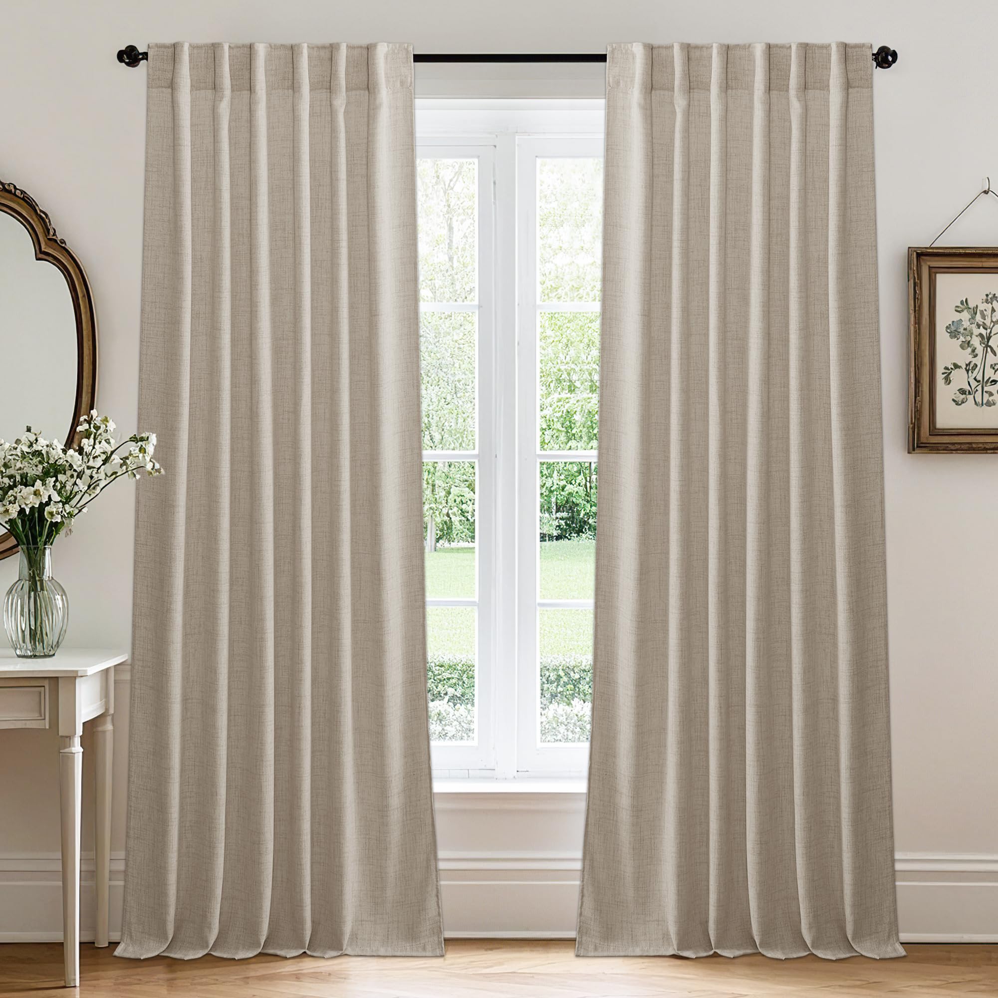 RYB HOME Semi Sheer Curtains - Linen Blend Privacy Curtains Sheer Window Treatment Drapes Farmhouse Decor for Bedroom Living Room Sliding Glass Door, 52 inch Wide x 95 inch Long 2 Panels, Linen