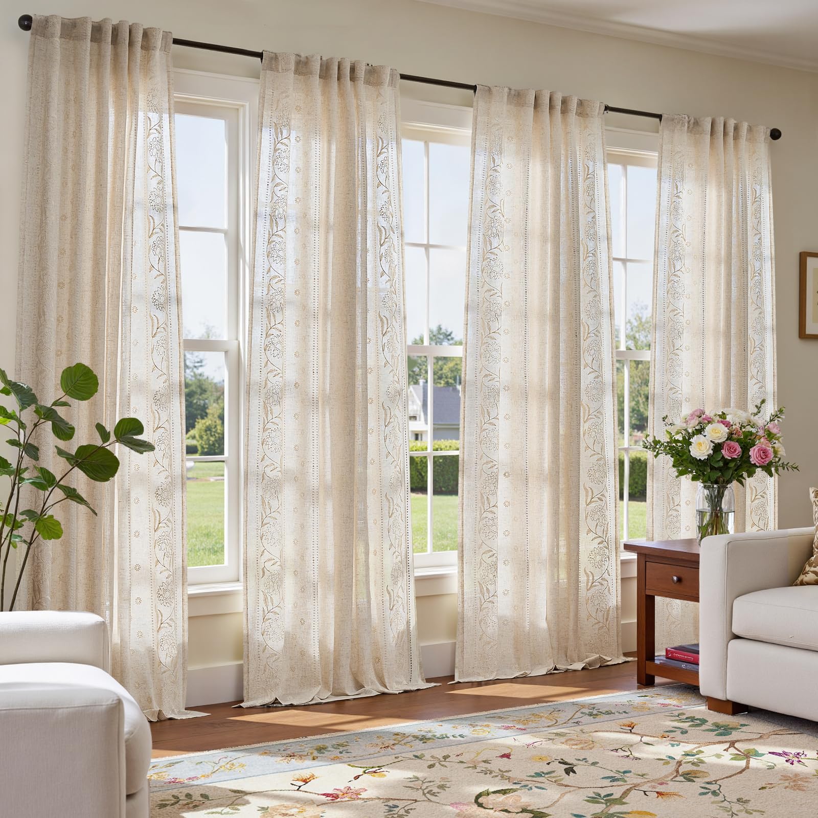 jinchan Winslow Linen Curtains for Bedroom 84 Inches Length Embroidered Bordered Floral Curtains for Living Room Farmhouse Decor Light Filtering Window Treatments Blue on Beige Drapes 2 Panels