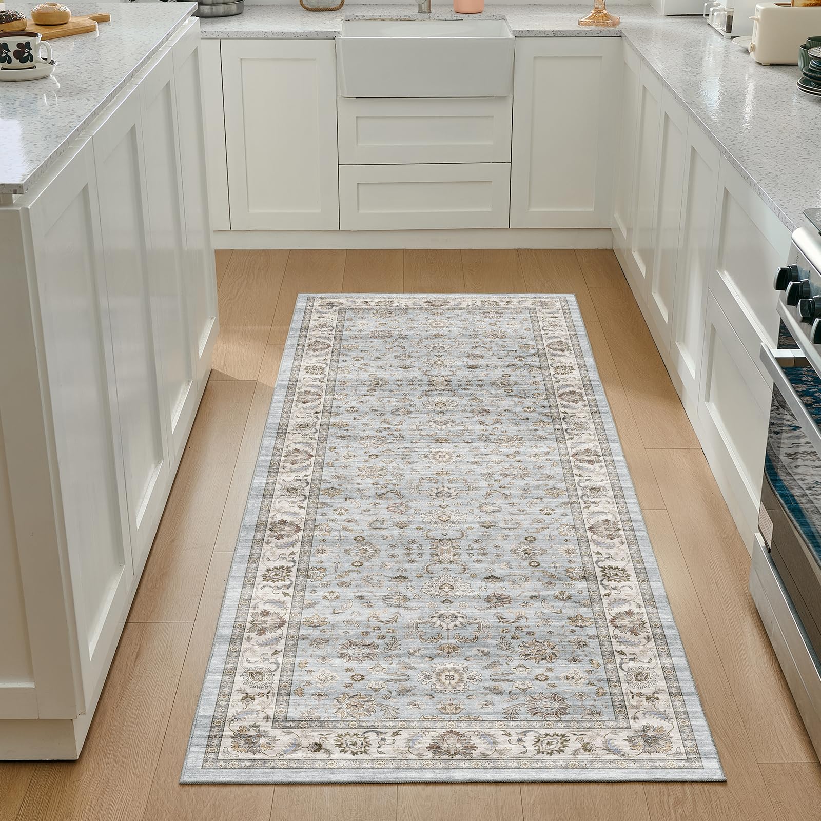 WITSHOCK 10x14 Area Rugs Living Room: Washable Large Neutral Vintage Soft Rug Stain Resistant Non-Slip Farmhouse Indoor Low Pile Floor Carpet for Bedroom Nursery Kids Office- Light Blue