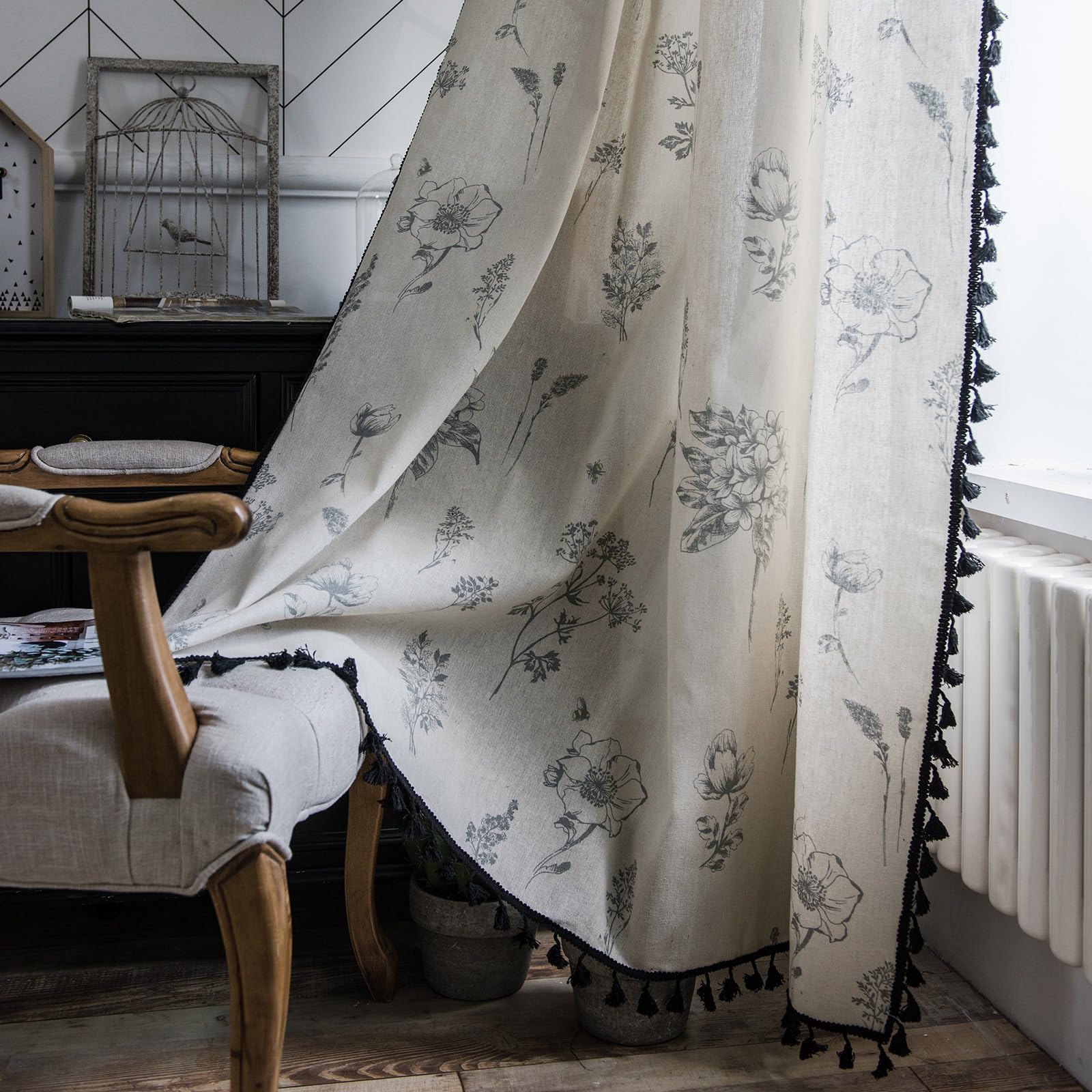 Green Boho Floral Curtains 84", 2 Panels Cotton Linen Semi-Blackout Drapes with Tassel