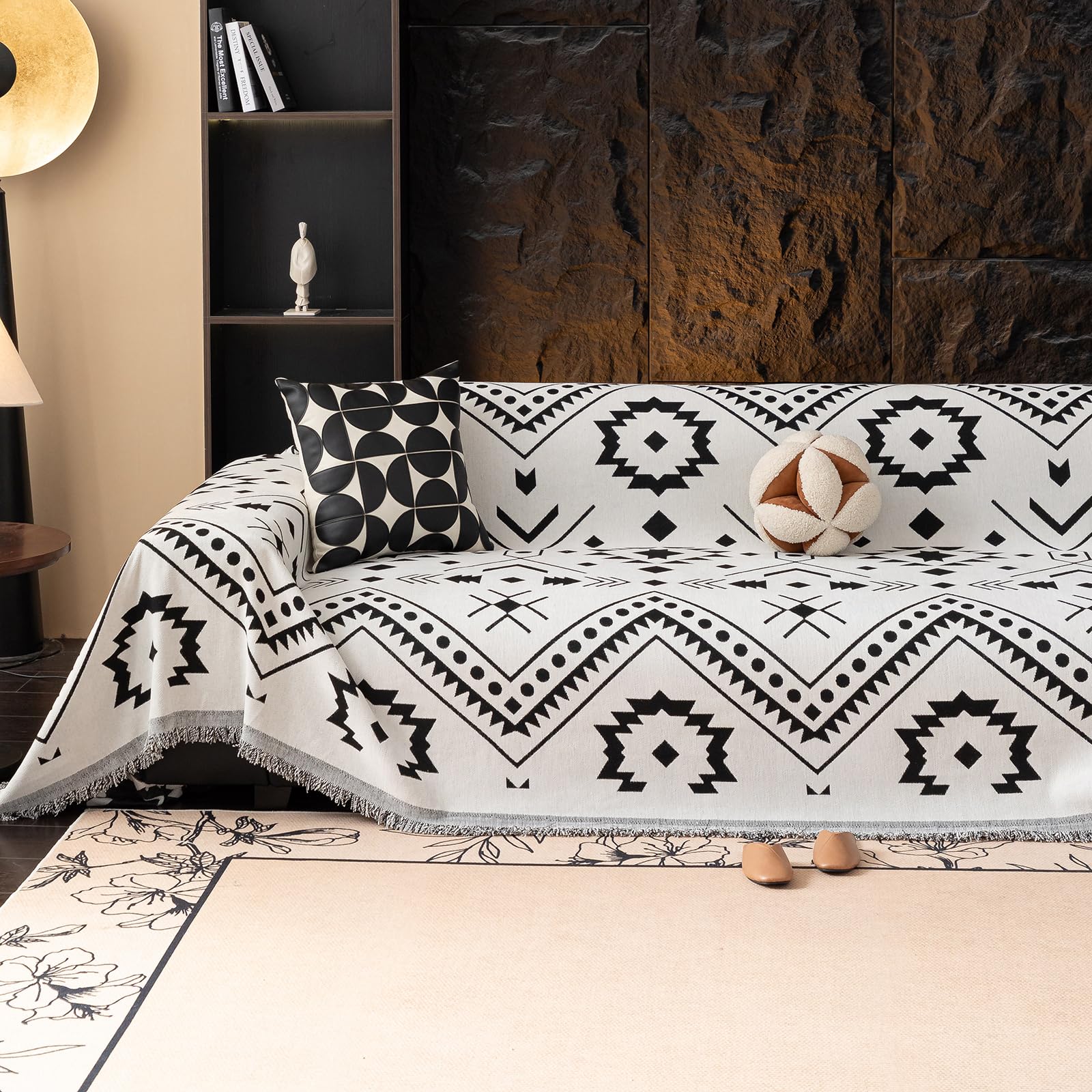 VClife Boho Couch Cover Blue Geometric Jacquard Pattern Sofa Cover, 1 Piece Large Couch Covers for 3 Cushion Couch Sofa Washable Plush Chenille Sofa Protector for Living Room, 71x134 Inch