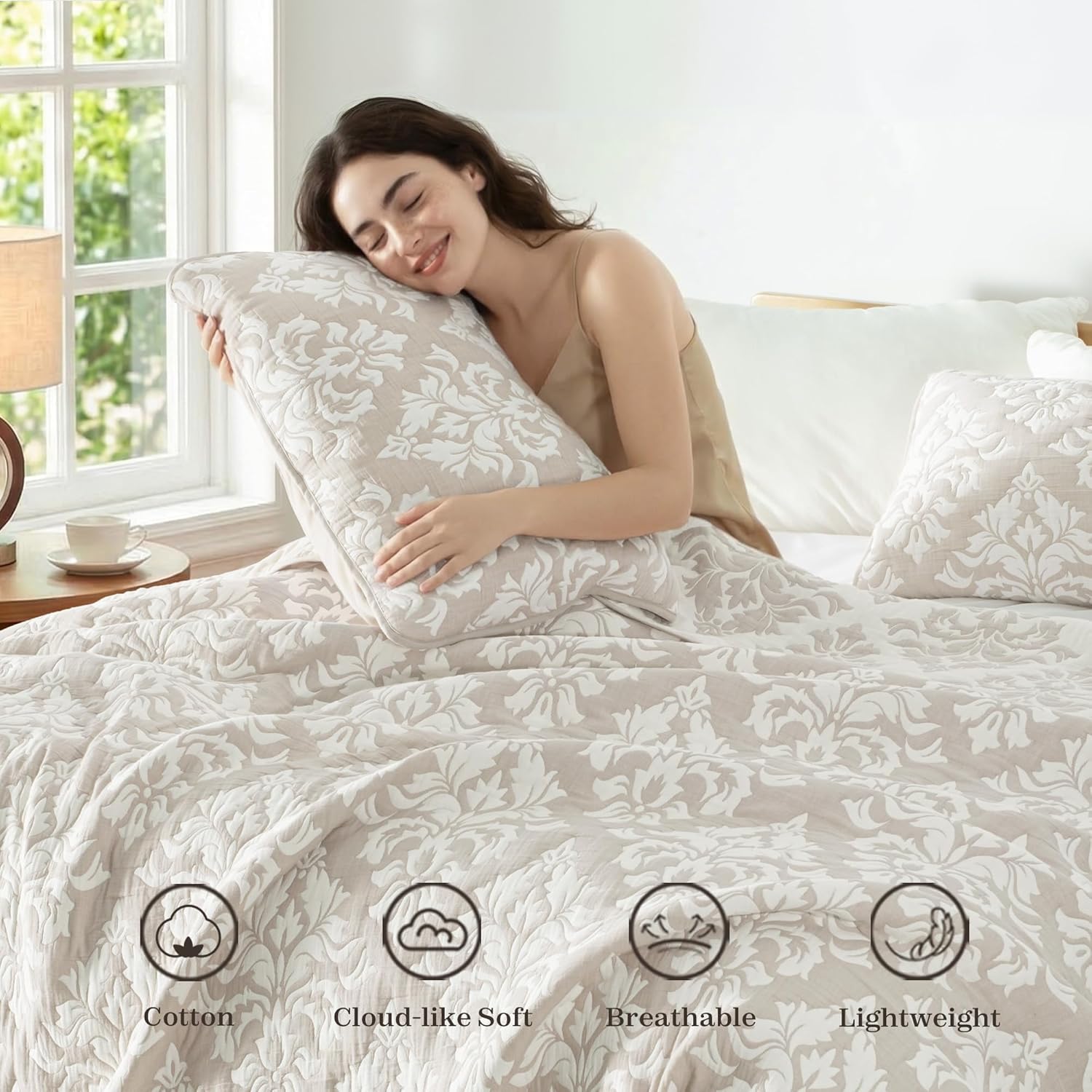 Exclusivo Mezcla Cotton Quilts Queen Size Beige, Soft Lightweight Bedspread Breathable Prewashed Bed Coverlet with 2 Pillow Shams, Boho Pattern Yarn Dyed Muslin Quilt Bedding Set for All Seasons