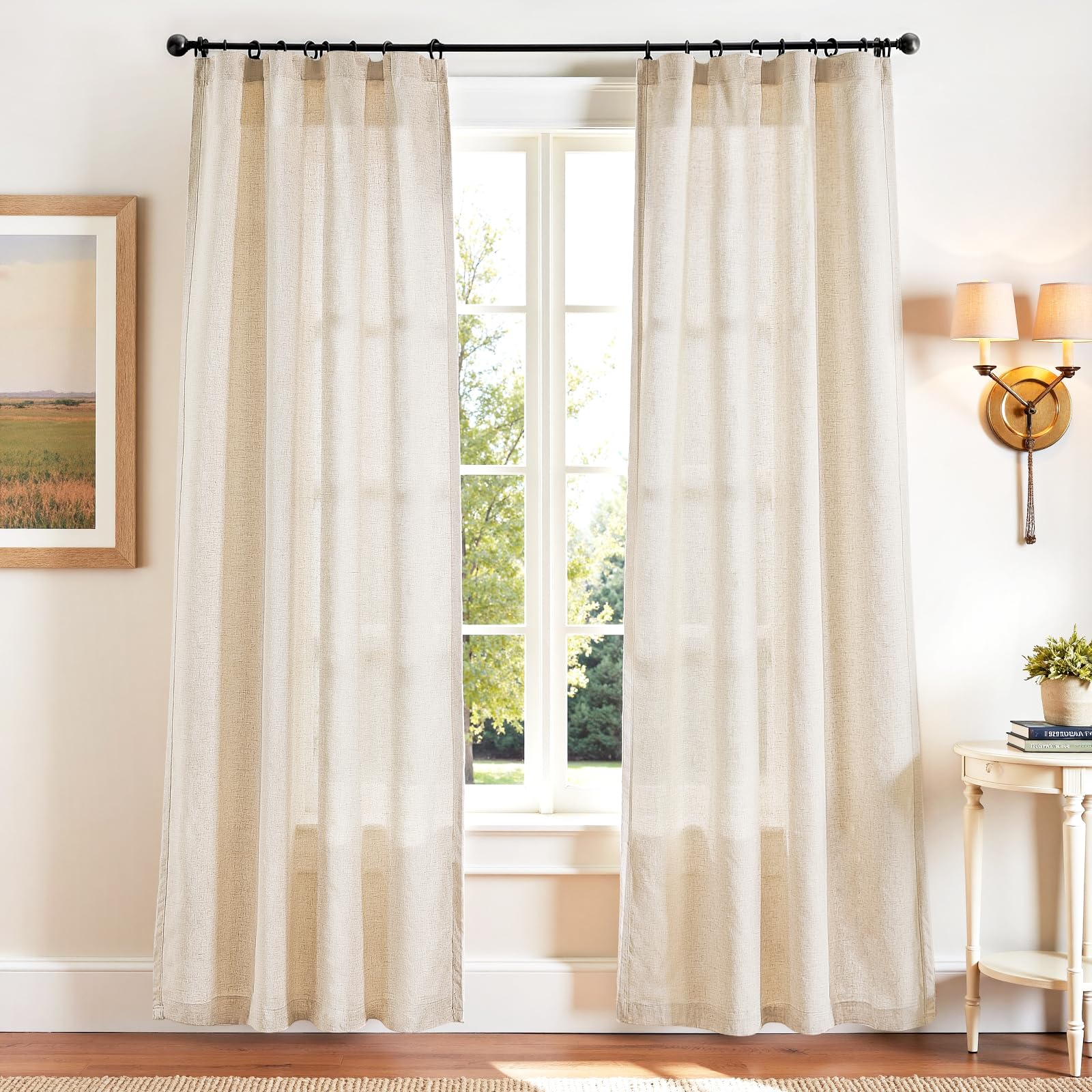 Linen Curtains for Living Room Bedroom 84 Inches Long Thick Linen Textured Beige Curtains Light Filtering Natural Semi Sheer Farmhouse Window Drapes, Country Rustic Drapes 2 Panels Back Tab/Rod Pocket