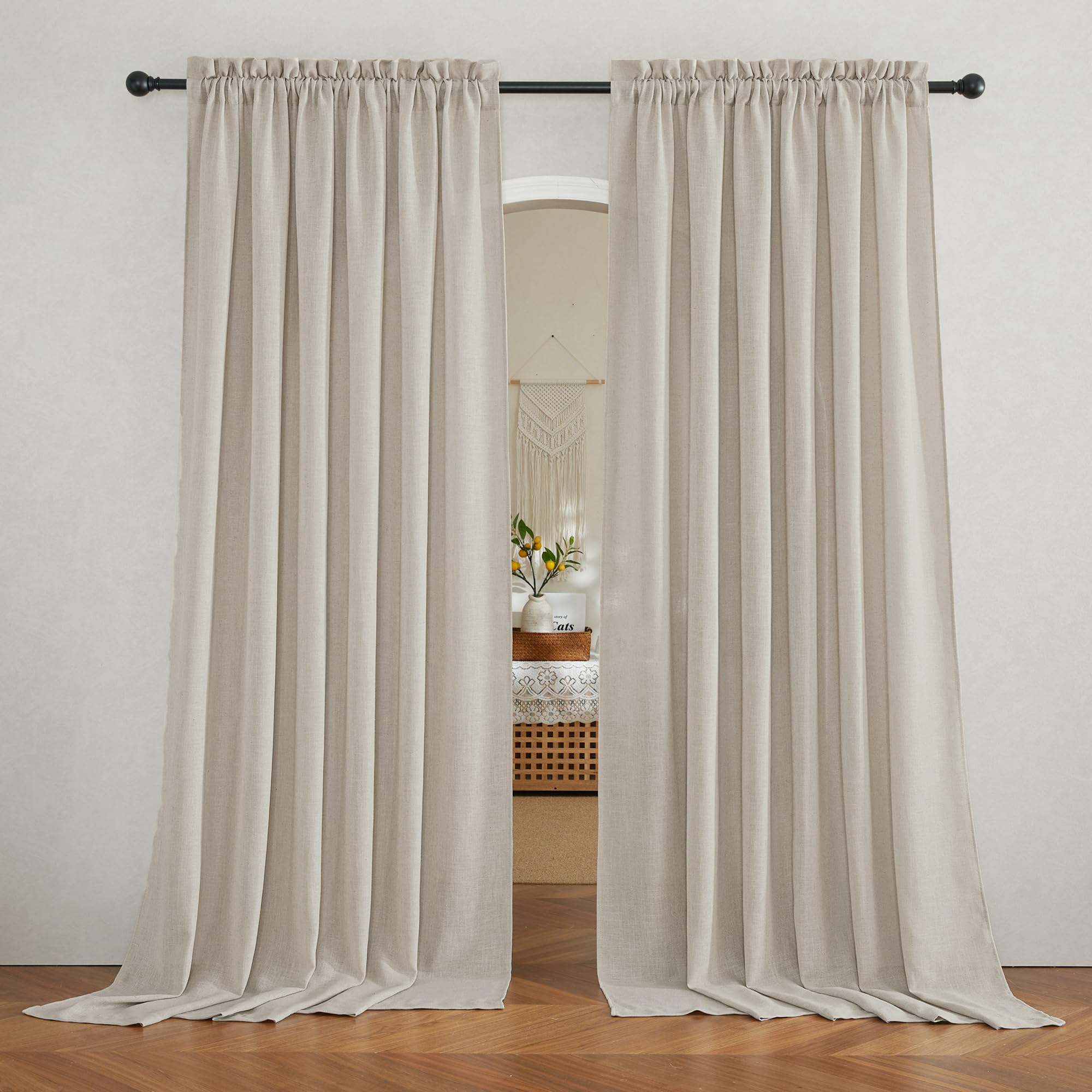 RYB HOME Semi Sheer Curtains - Linen Blend Privacy Curtains Sheer Window Treatment Drapes Farmhouse Decor for Bedroom Living Room Sliding Glass Door, 52 inch Wide x 95 inch Long 2 Panels, Linen
