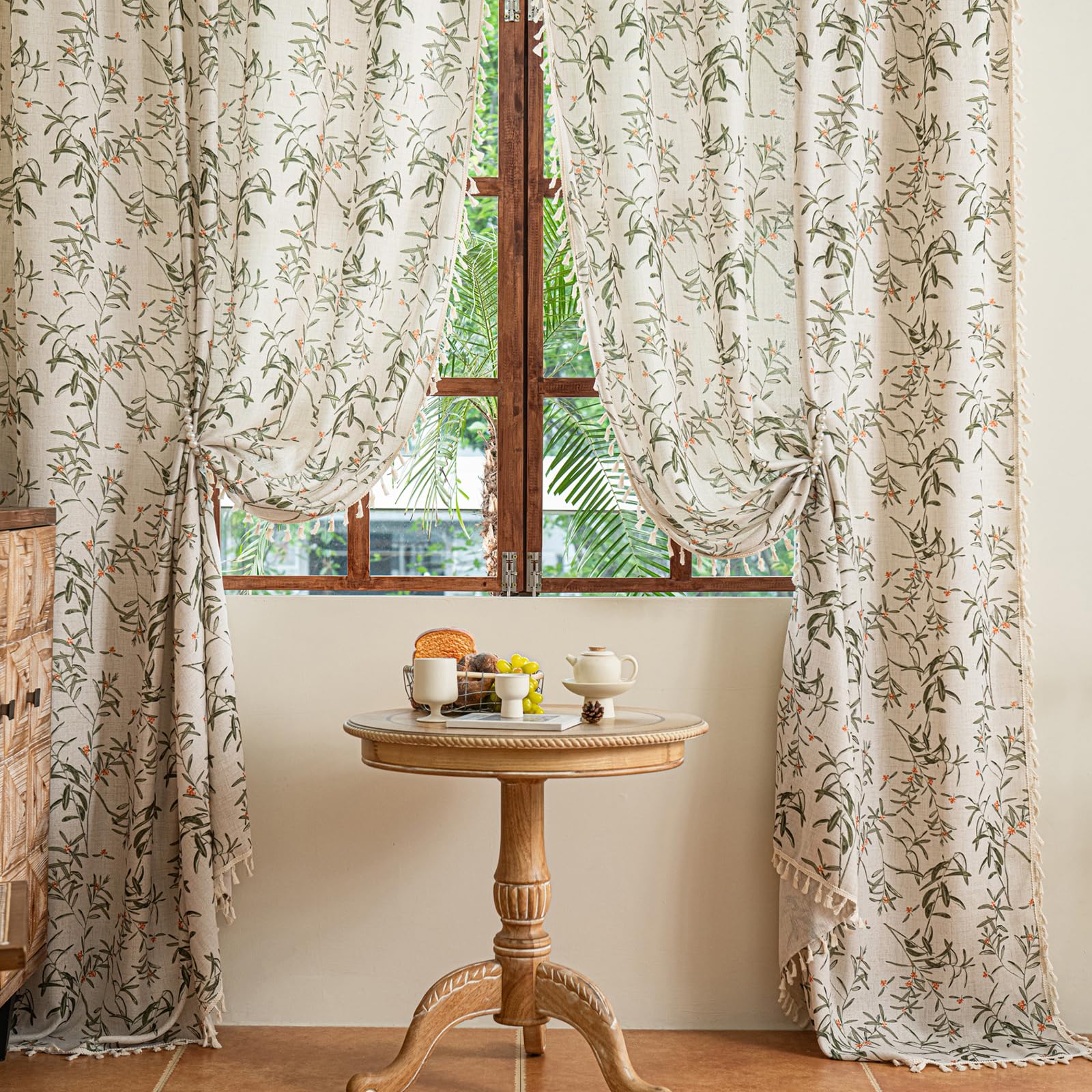 Green Boho Floral Curtains 84", 2 Panels Cotton Linen Semi-Blackout Drapes with Tassel