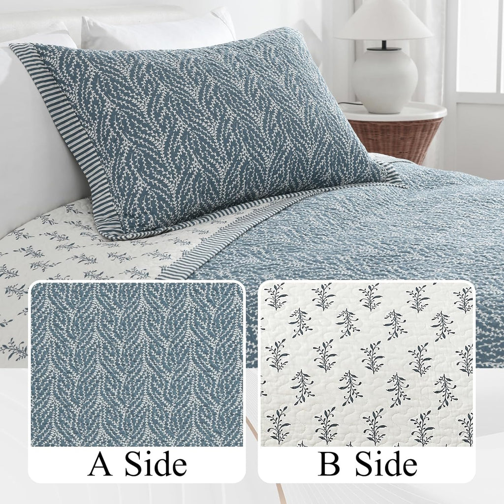 SahSahCasa Quilt Set Queen Size, 100% Cotton Quilt Bedding Set Bedspread, Botanical Pattern Solid Color Chic Lightweight Quilted Comforter for Queen Bed, White/Grayish-Blue, All Season, 3 Pieces