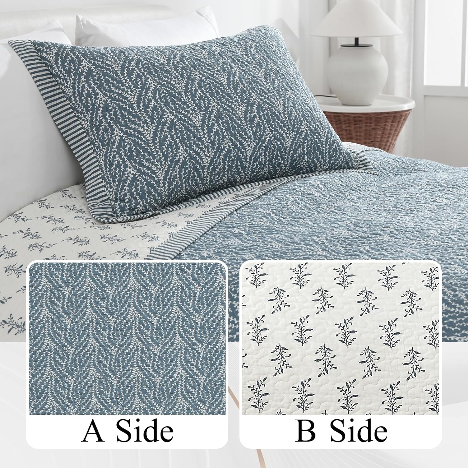 SahSahCasa Quilt Set Queen Size, 100% Cotton Quilt Bedding Set Bedspread, Botanical Pattern Solid Color Chic Lightweight Quilted Comforter for Queen Bed, White/Grayish-Blue, All Season, 3 Pieces