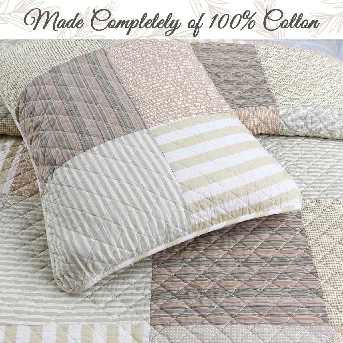 Cozy Line Home Fashions 100% Cotton Reversible Quilt Bedding Set, Classic Taupe Tan Striped Patchwork All-Season Coverlet Bedspread (Winter Plains, Queen-3 Piece)