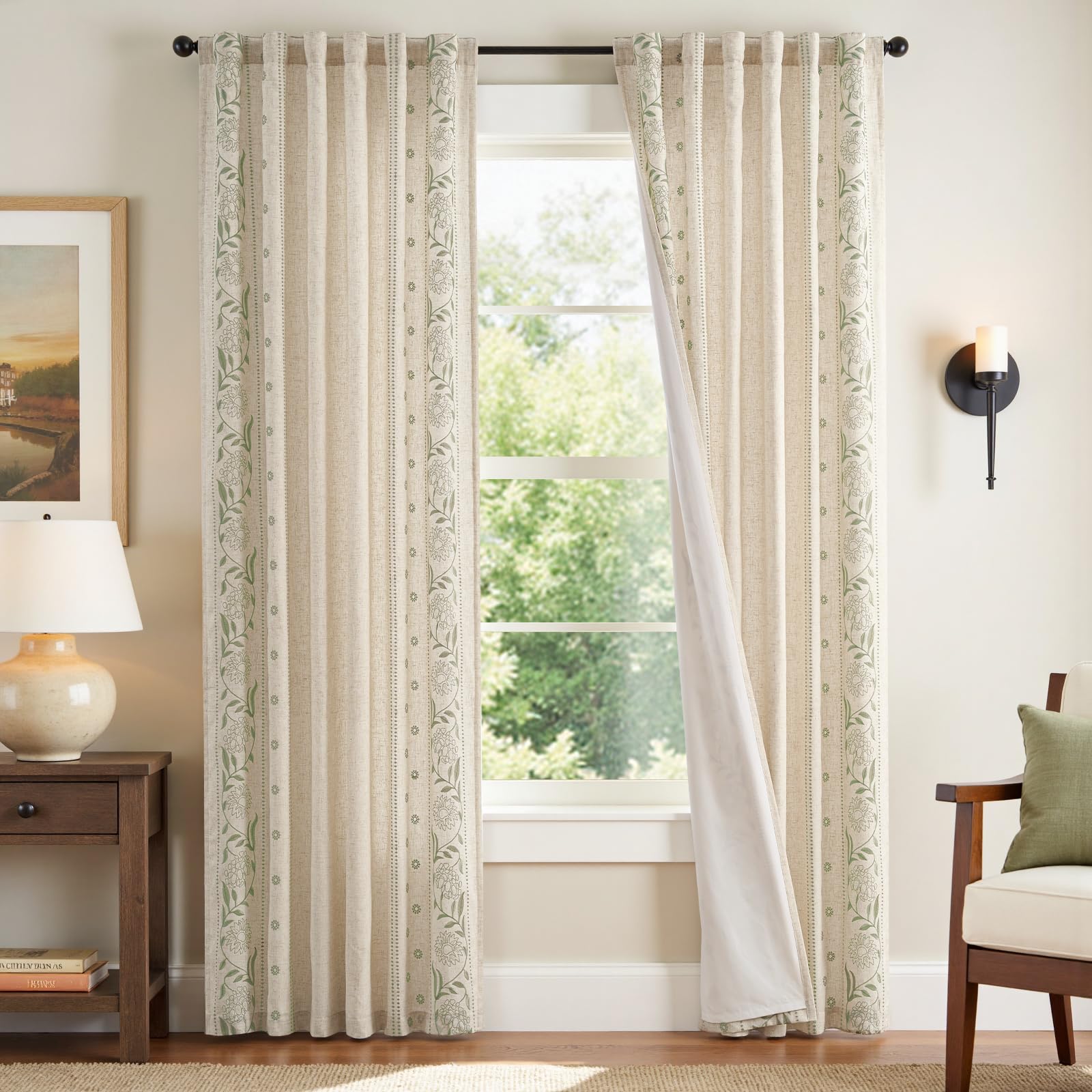 jinchan Winslow Linen Curtains for Bedroom 84 Inches Length Embroidered Bordered Floral Curtains for Living Room Farmhouse Decor Light Filtering Window Treatments Blue on Beige Drapes 2 Panels