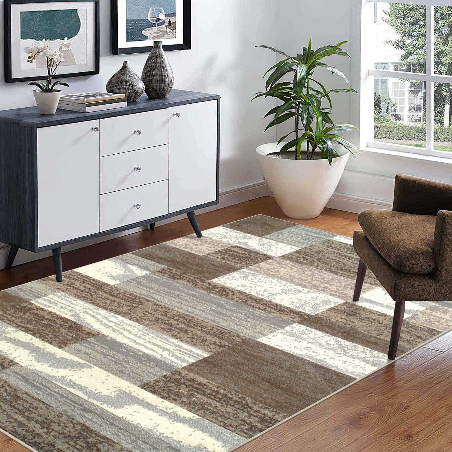 SUPERIOR Indoor Area Rug, Jute Backed, Modern Geometric Patchwork Floor Decor for Bedroom, Office, Living Room, Entryway, Hardwood Floors, Rockwood Collection, 4' x 6', Chocolate