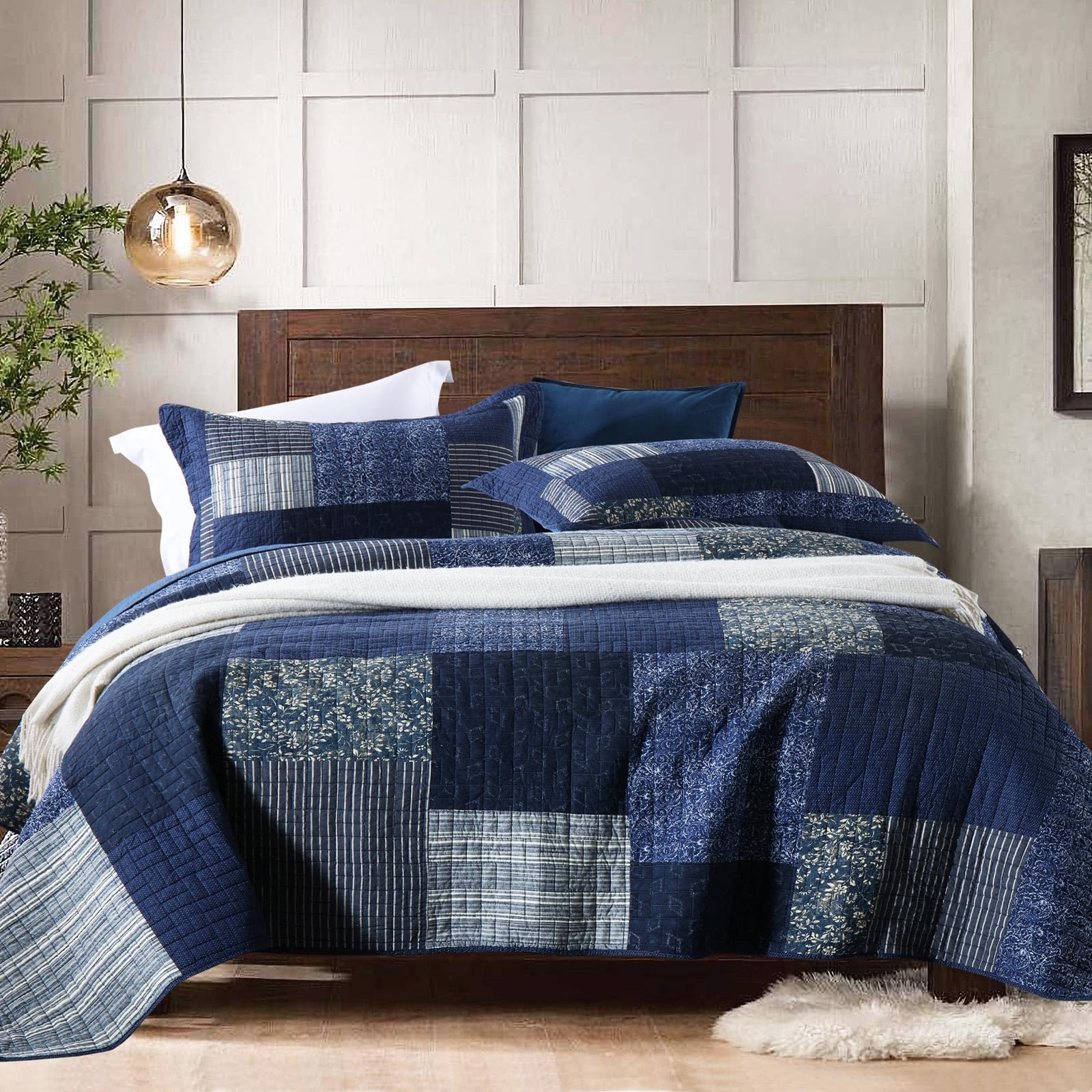 Yvooxny Quilts Queen Size Reversible Lightweight Bedspread 3-Piece Quilt Set Plaid Floral Patchwork 100% Cotton Queen Quilt Set Bedding Set with Pillow Shams for All Seasons, Azure Blue, 90x98''