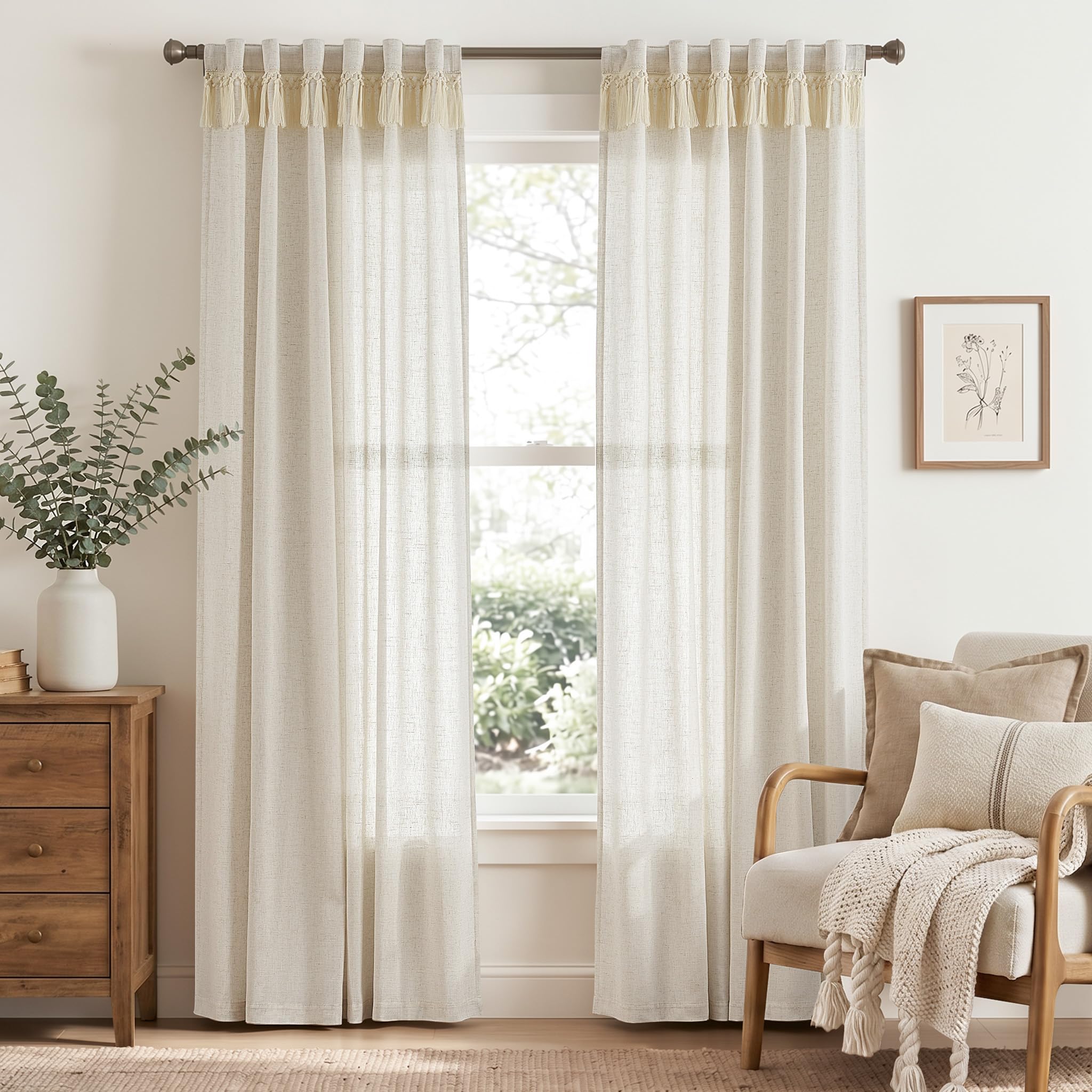 Linen Curtains for Living Room Bedroom 84 Inches Long Thick Linen Textured Beige Curtains Light Filtering Natural Semi Sheer Farmhouse Window Drapes, Country Rustic Drapes 2 Panels Back Tab/Rod Pocket