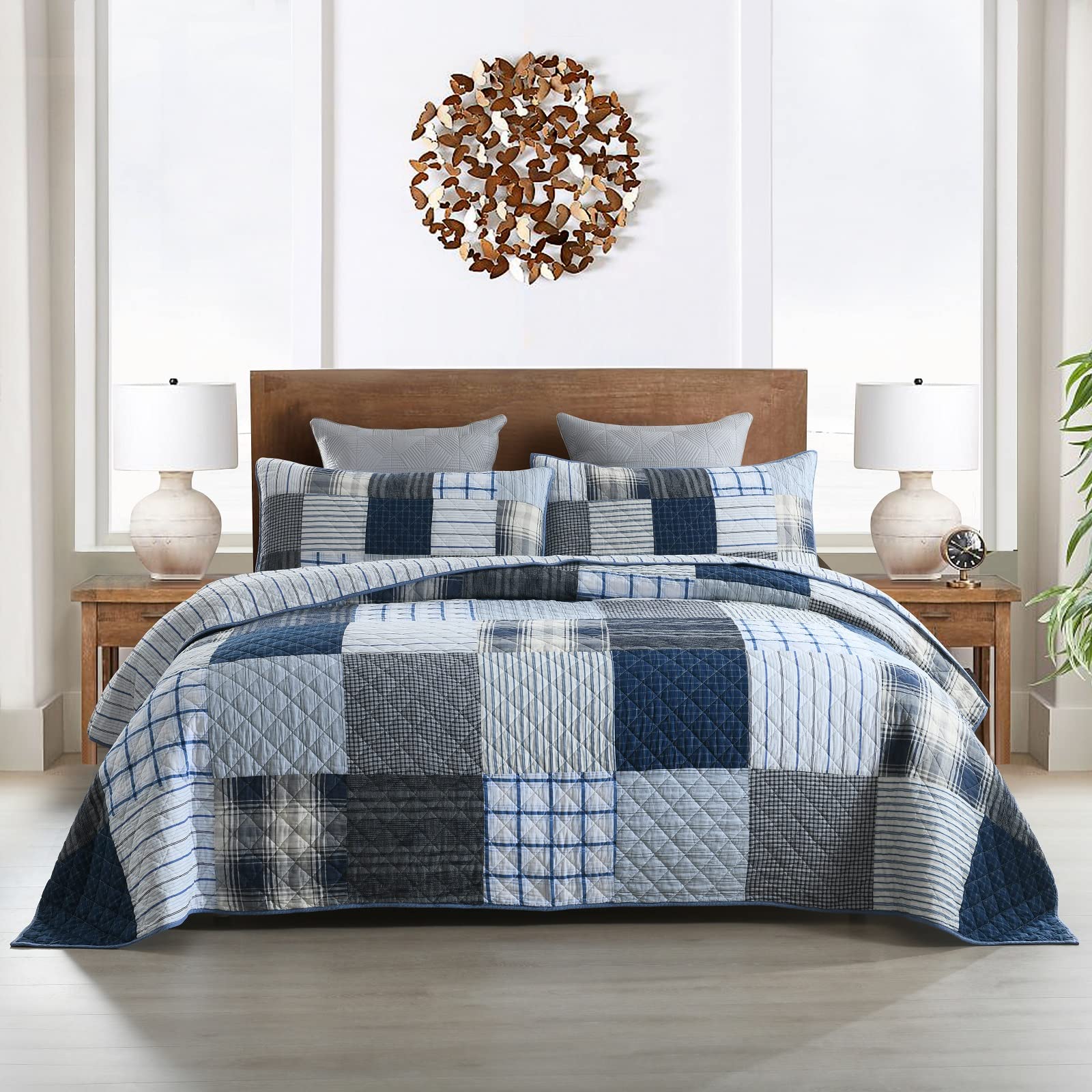 Yvooxny Quilts Queen Size Reversible Lightweight Bedspread 3-Piece Quilt Set Plaid Floral Patchwork 100% Cotton Queen Quilt Set Bedding Set with Pillow Shams for All Seasons, Azure Blue, 90x98''