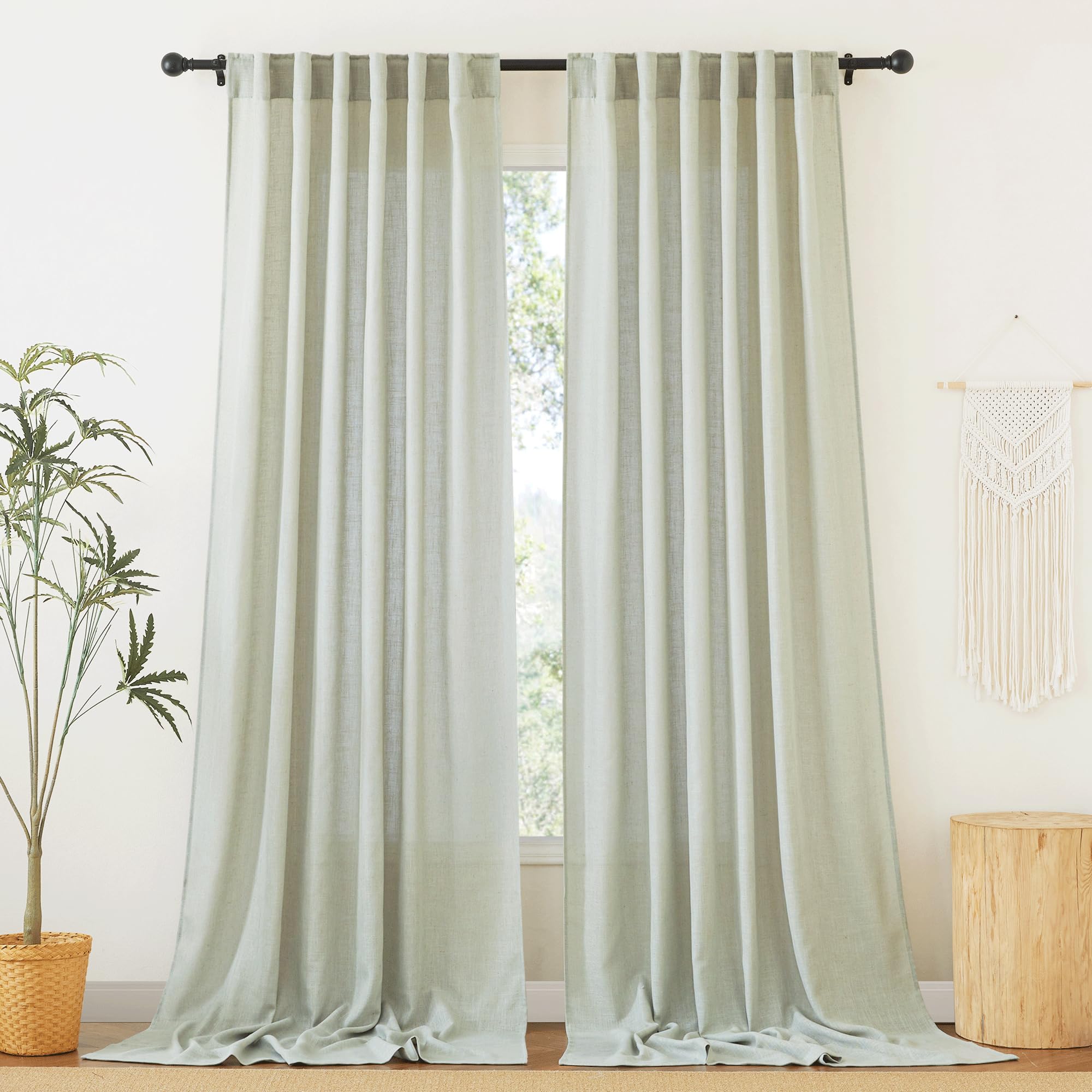 RYB HOME Semi Sheer Curtains - Linen Blend Privacy Curtains Sheer Window Treatment Drapes Farmhouse Decor for Bedroom Living Room Sliding Glass Door, 52 inch Wide x 95 inch Long 2 Panels, Linen