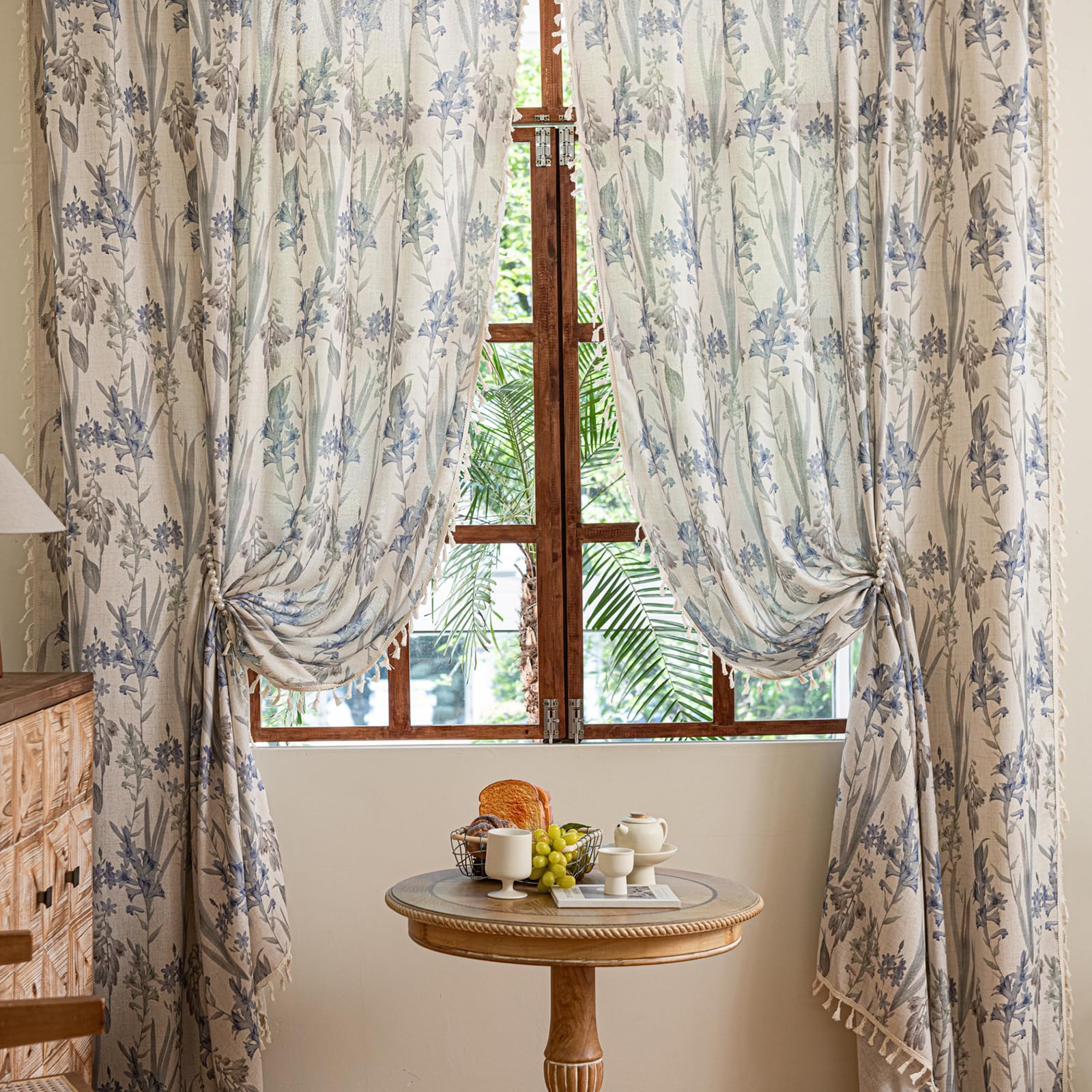 Green Boho Floral Curtains 84", 2 Panels Cotton Linen Semi-Blackout Drapes with Tassel
