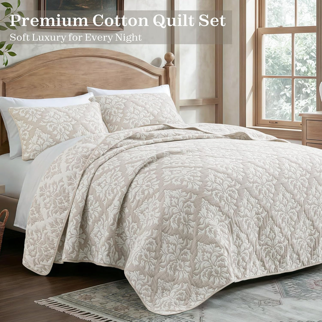 Exclusivo Mezcla Cotton Quilts Queen Size Beige, Soft Lightweight Bedspread Breathable Prewashed Bed Coverlet with 2 Pillow Shams, Boho Pattern Yarn Dyed Muslin Quilt Bedding Set for All Seasons