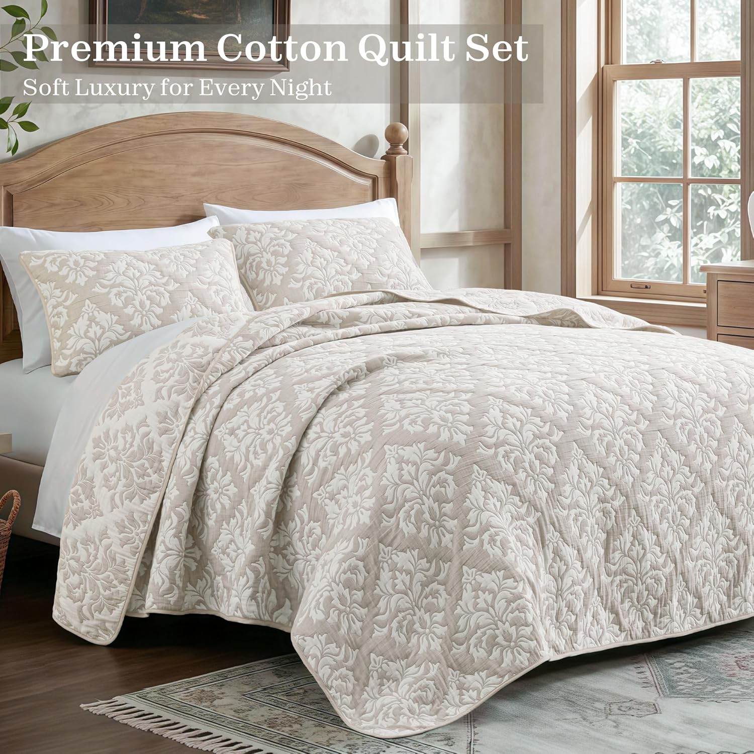 Exclusivo Mezcla Cotton Quilts Queen Size Beige, Soft Lightweight Bedspread Breathable Prewashed Bed Coverlet with 2 Pillow Shams, Boho Pattern Yarn Dyed Muslin Quilt Bedding Set for All Seasons