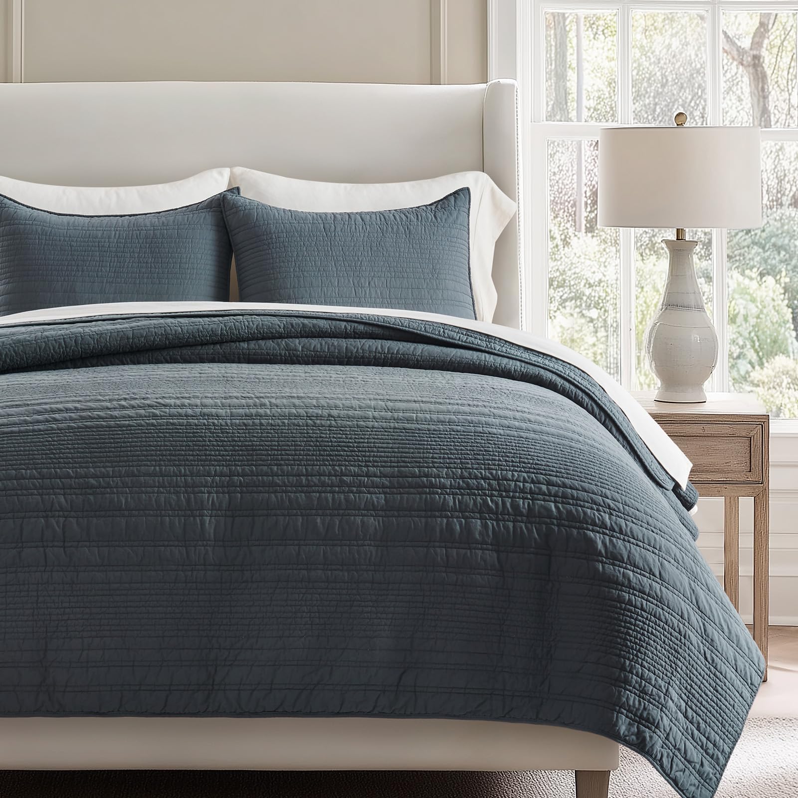 EVERGRACEHOME 100% Cotton Modern Lines Quilt Set Queen Size, Pre-Washed Soft Striped Coverlet Bedspread, 3 Piece Lightweight Bedding Set for All Season, with 2 Pillow Shams, Stone Taupe